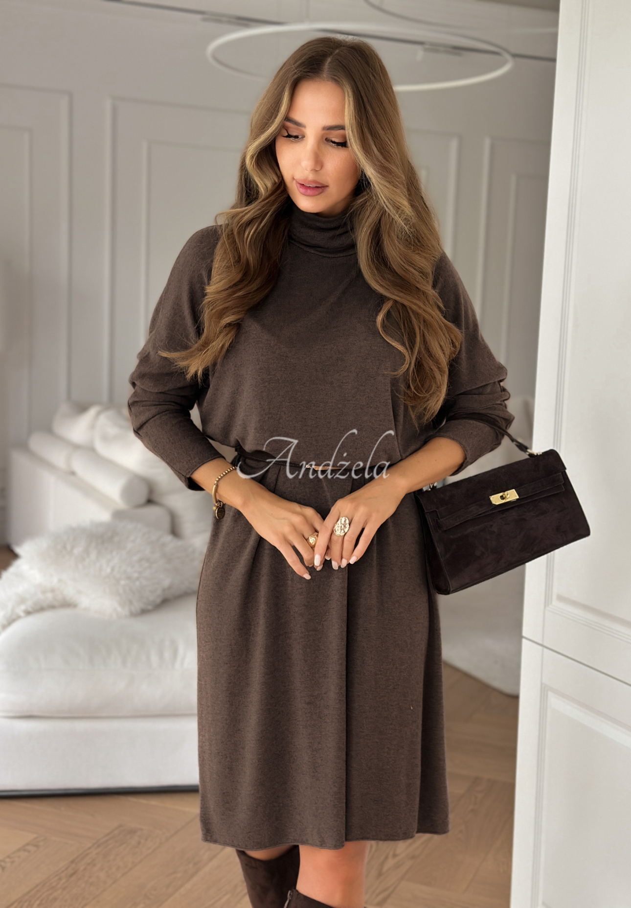 Knitted turtleneck and viscose dress Gentle Drift chocolate