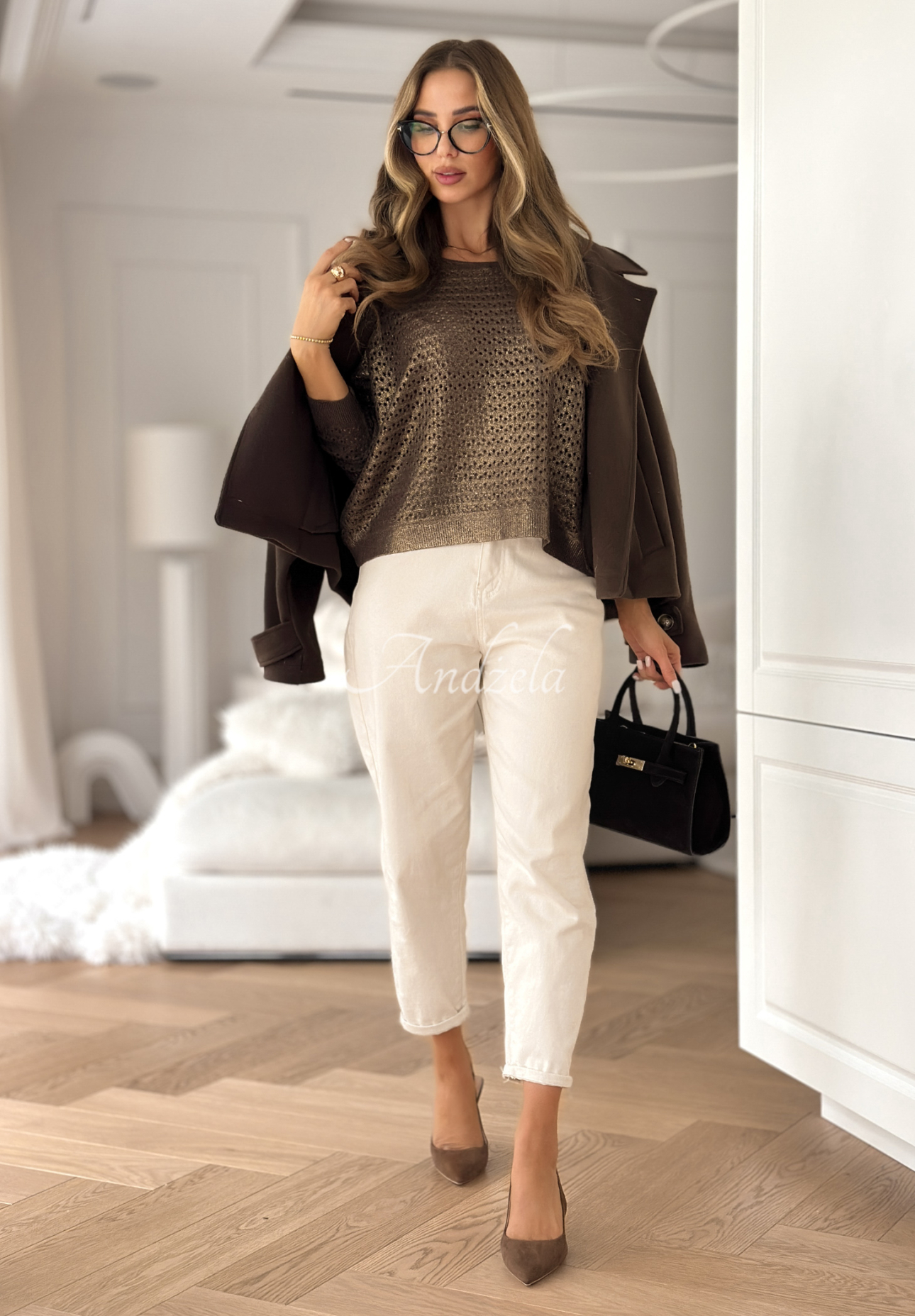 Wiskozowy ażurowy sweter z nadrukiem Rainy Plans czekoladowy