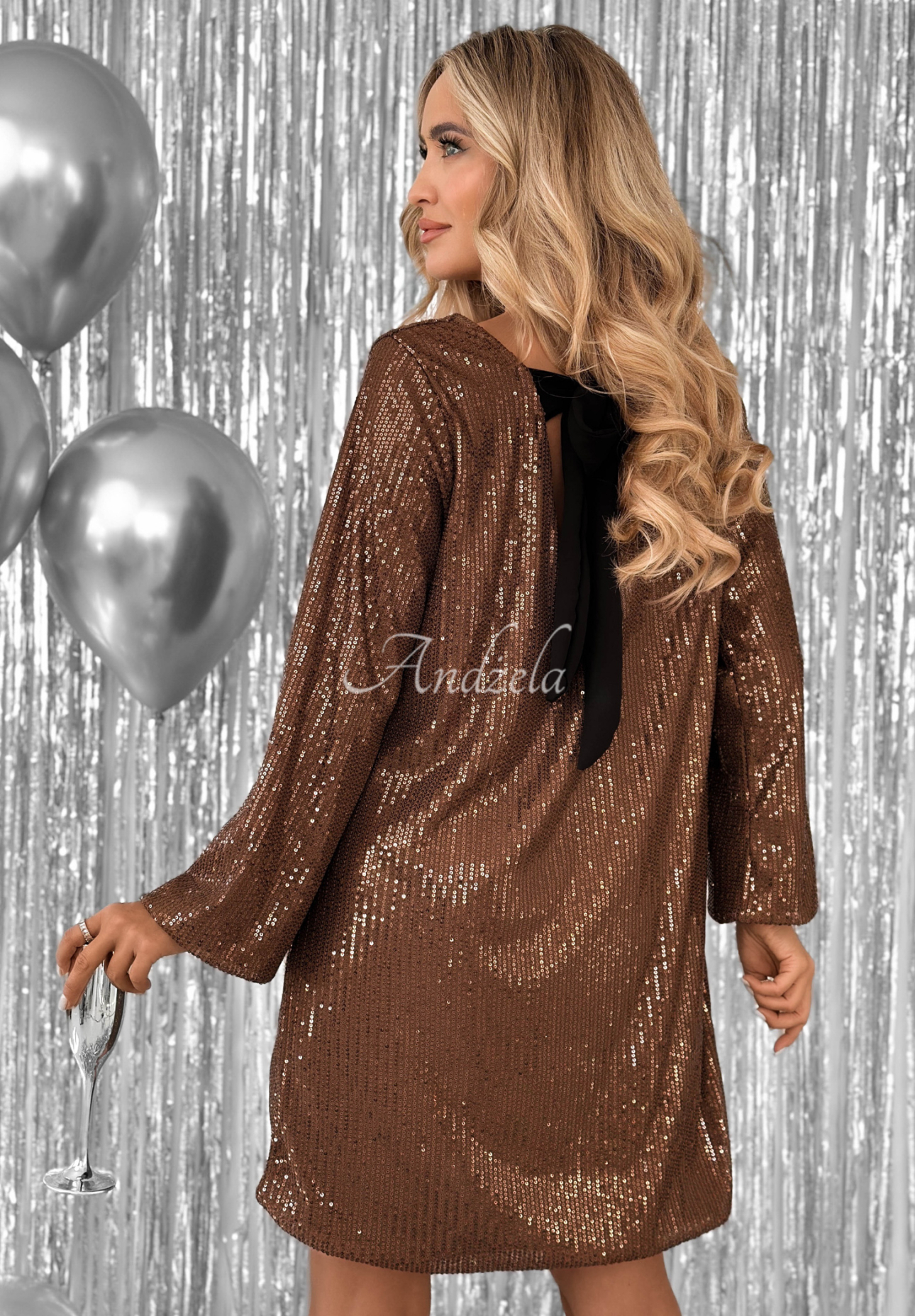 Sequin mini dress with tie at back From The Sky chocolate