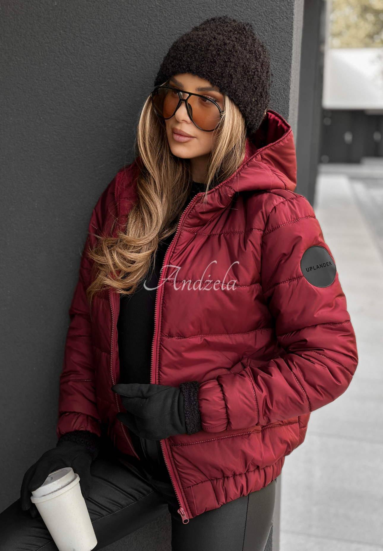 Quilted hooded bomber jacket Just to Know burgundy II