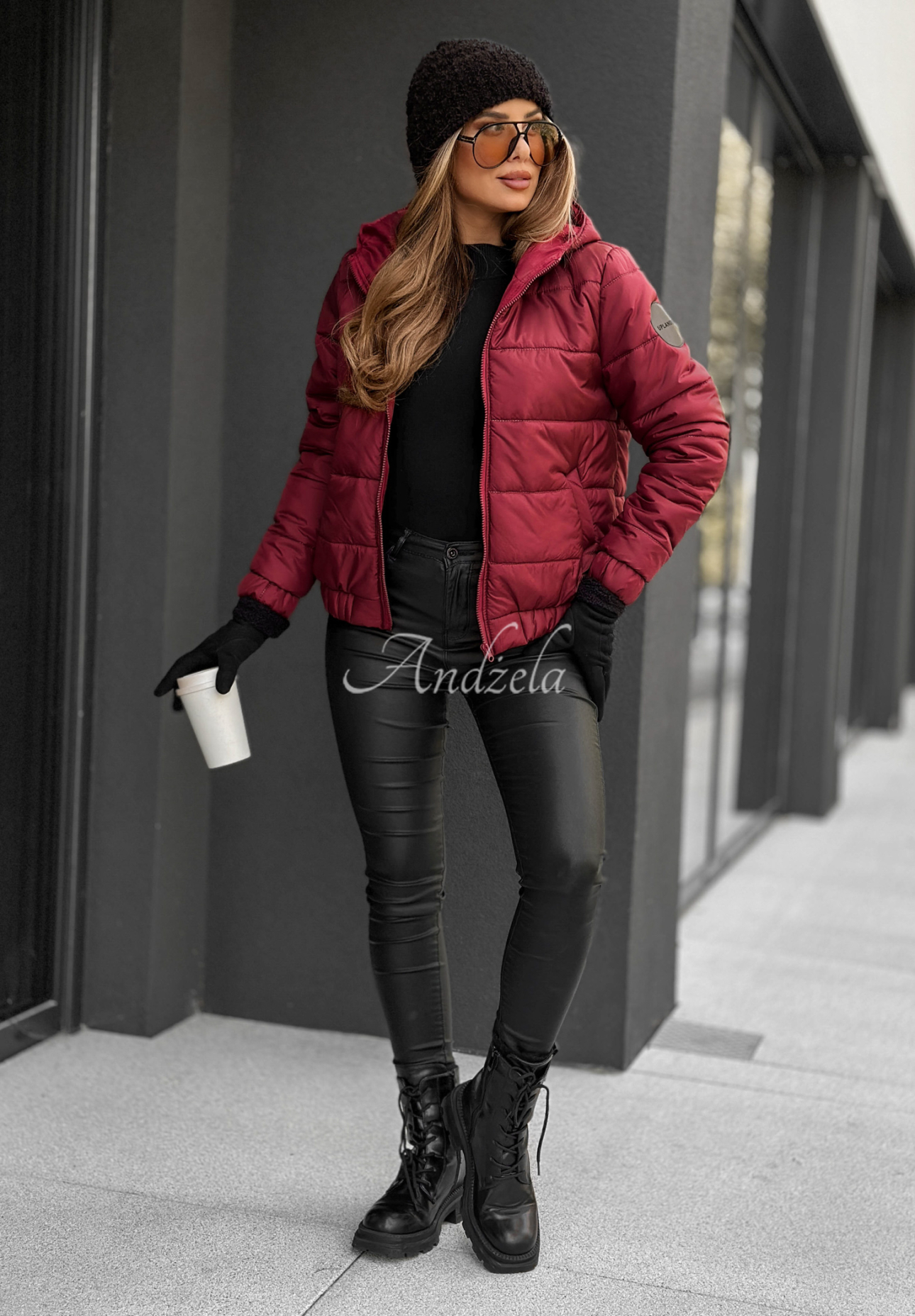 Quilted hooded bomber jacket Just to Know burgundy II