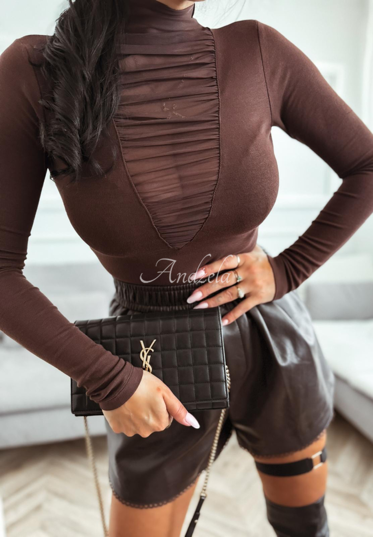 Viscose blouse with mesh turtleneck Clear Your Mind chocolate