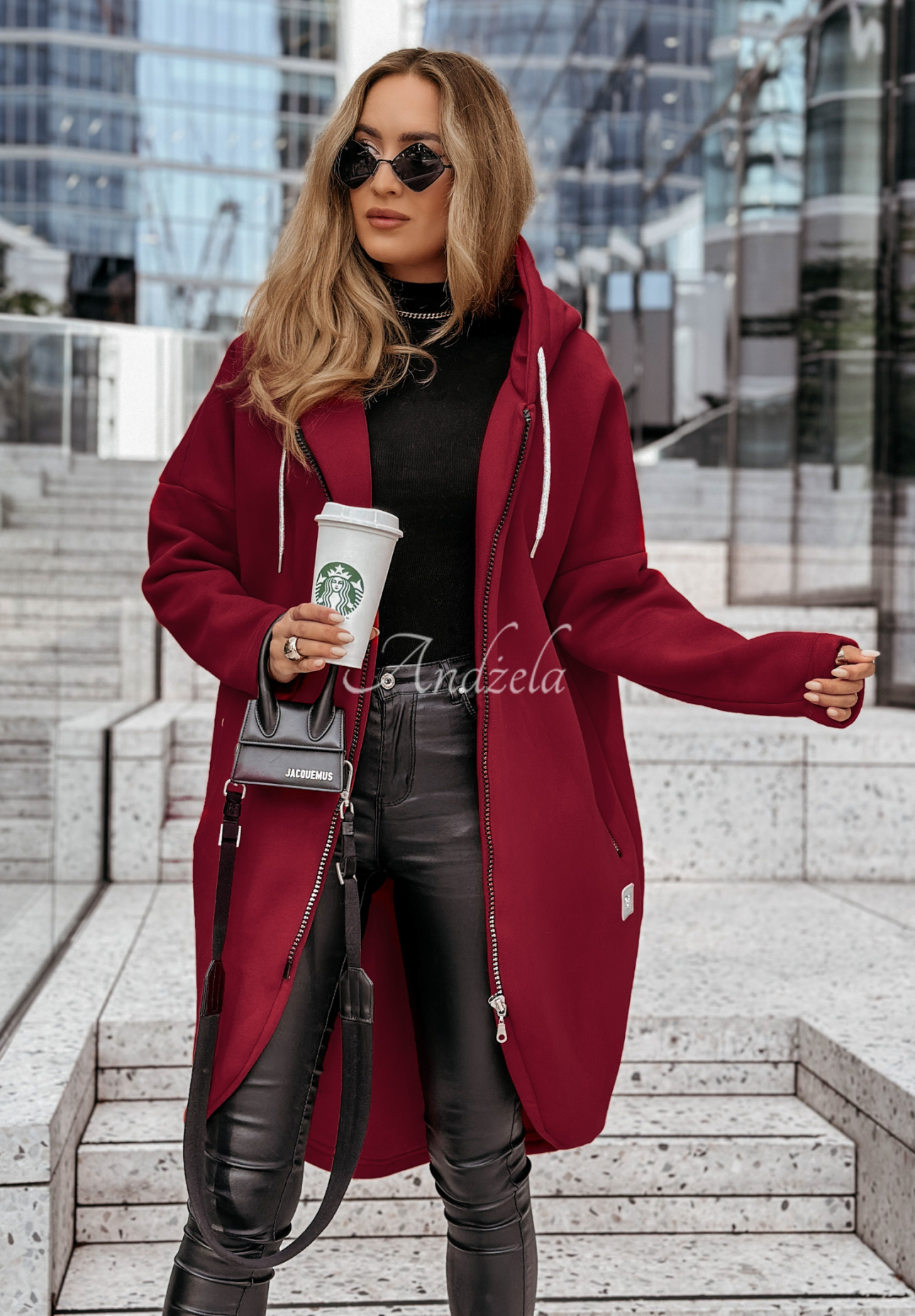 Długa bluza z kapturem Peaceful Mind burgundowa