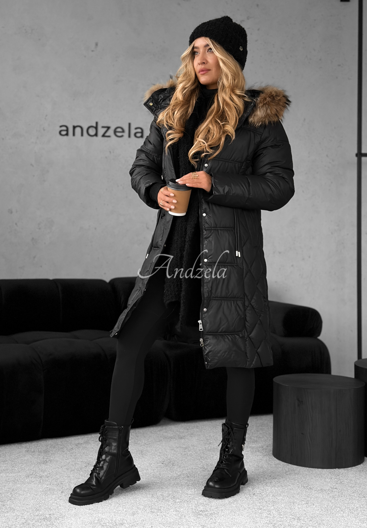 Long quilted jacket with fur Autumn Rush black