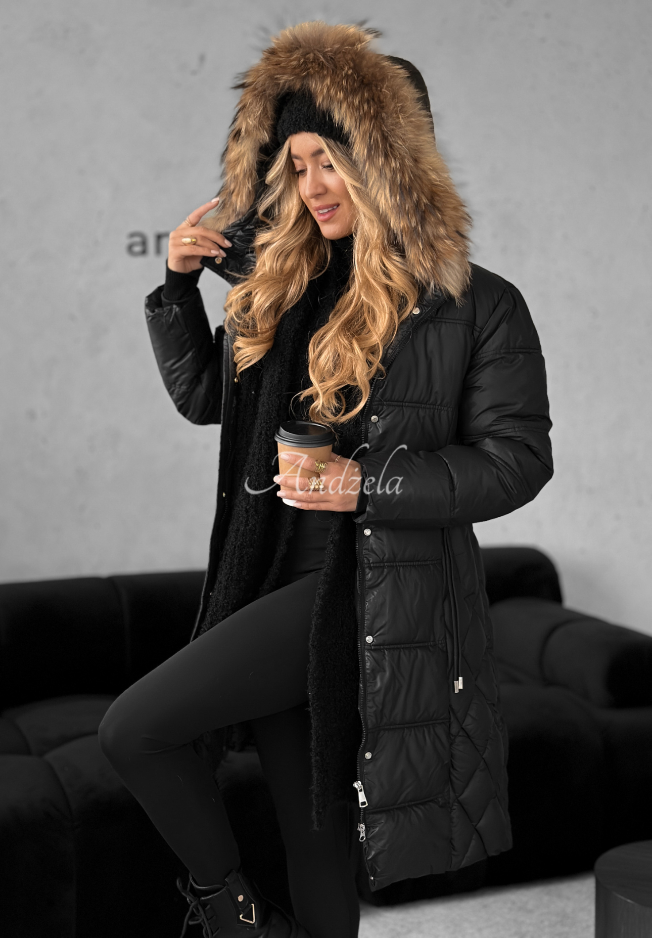 Long quilted jacket with fur Autumn Rush black
