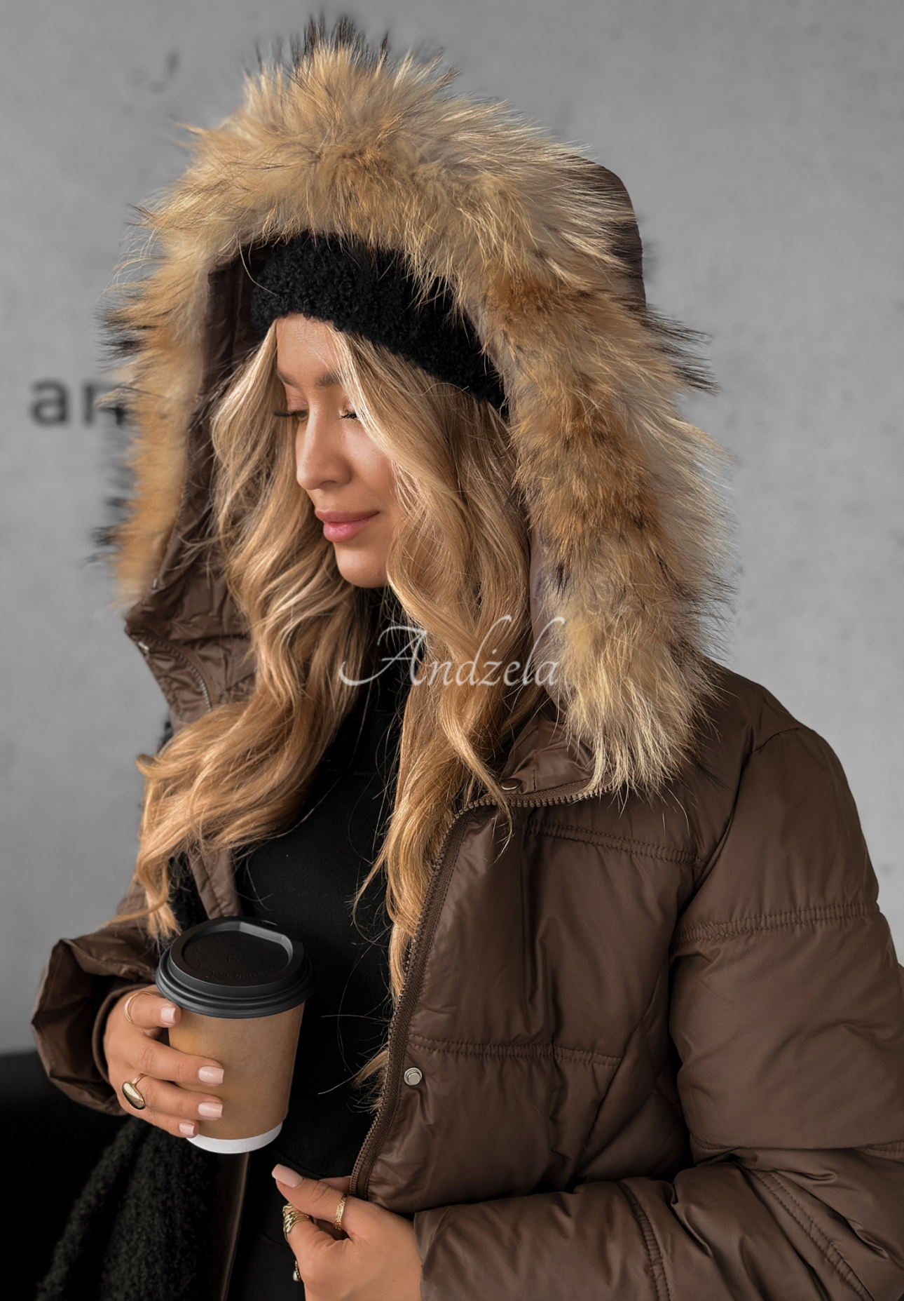 Long quilted jacket with fur Autumn Rush chocolate