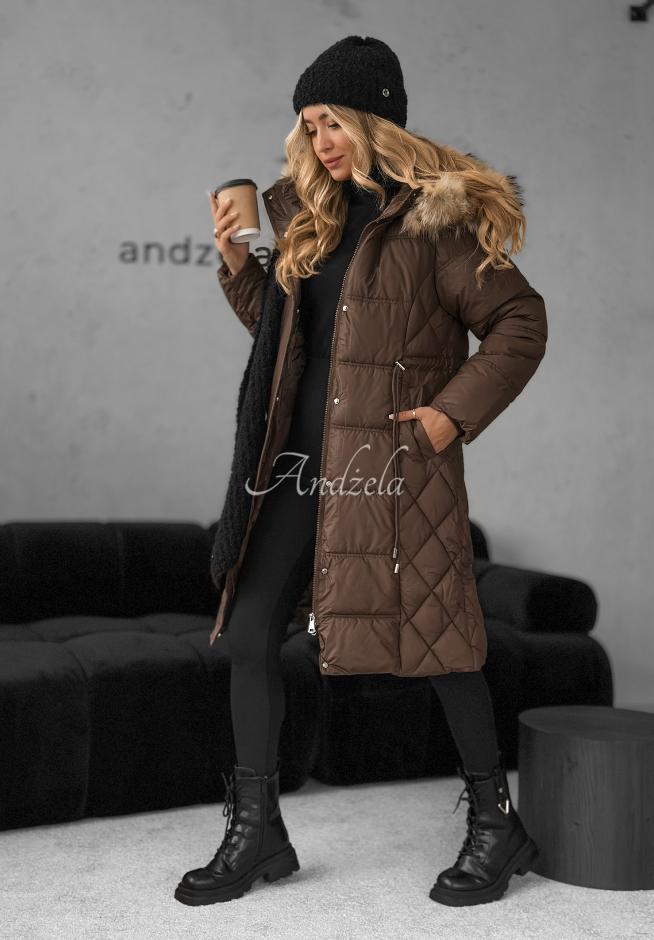 Long quilted jacket with fur Autumn Rush chocolate