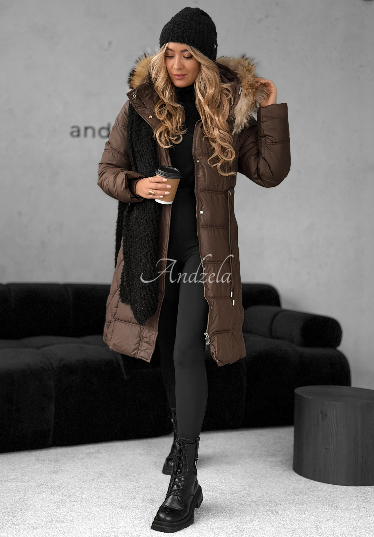 Long quilted jacket with fur Autumn Rush chocolate
