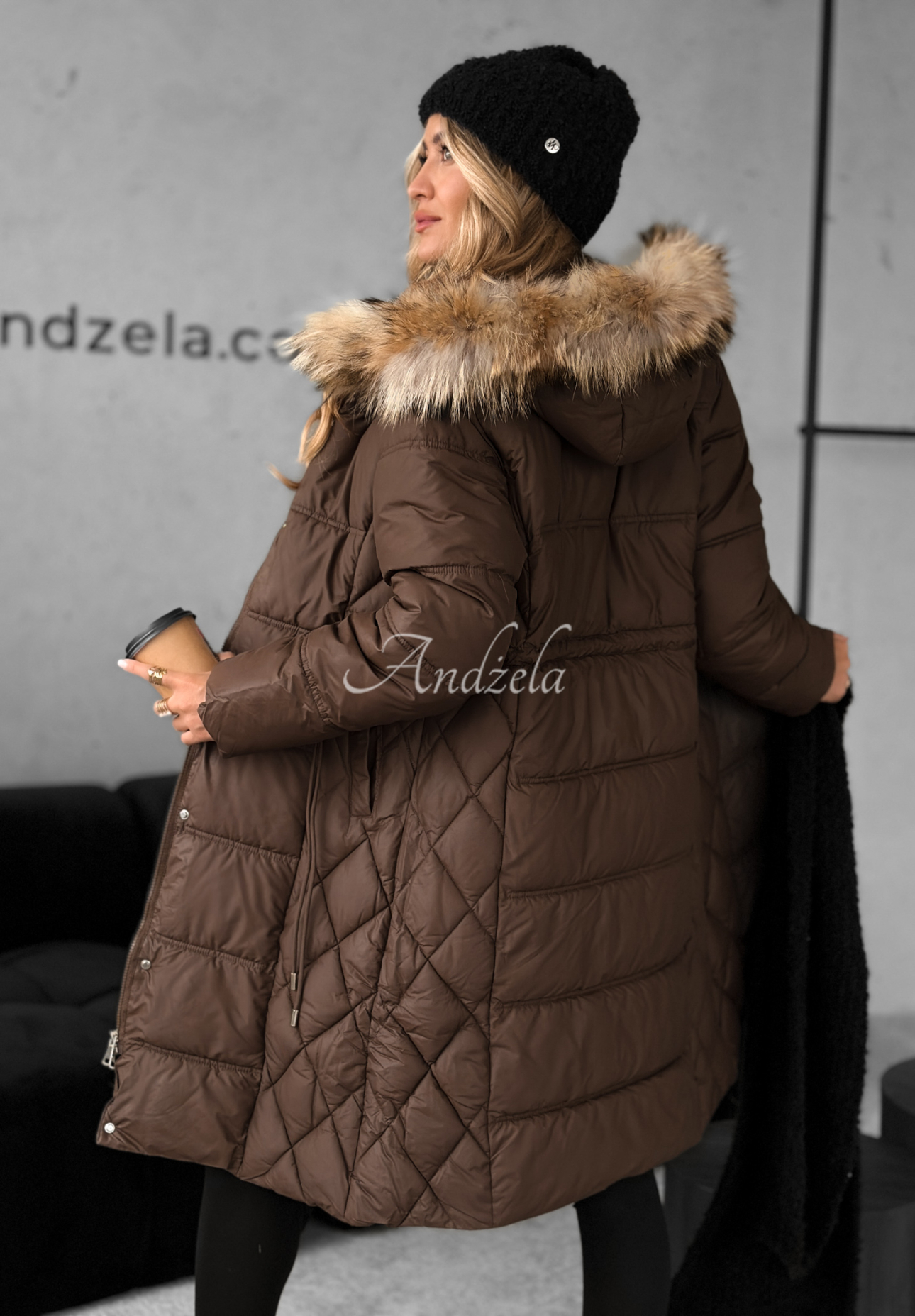 Long quilted jacket with fur Autumn Rush chocolate