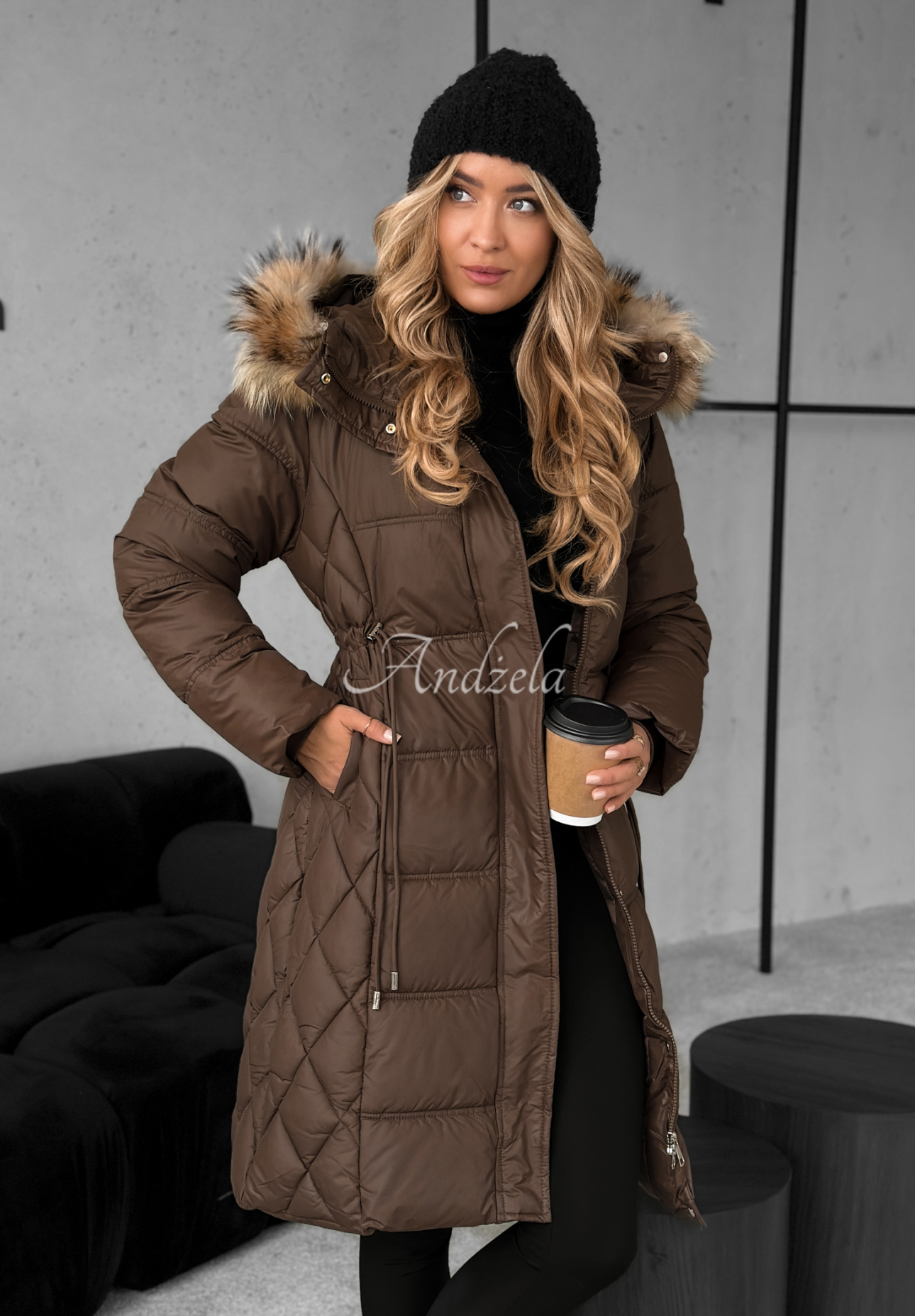 Long quilted jacket with fur Autumn Rush chocolate