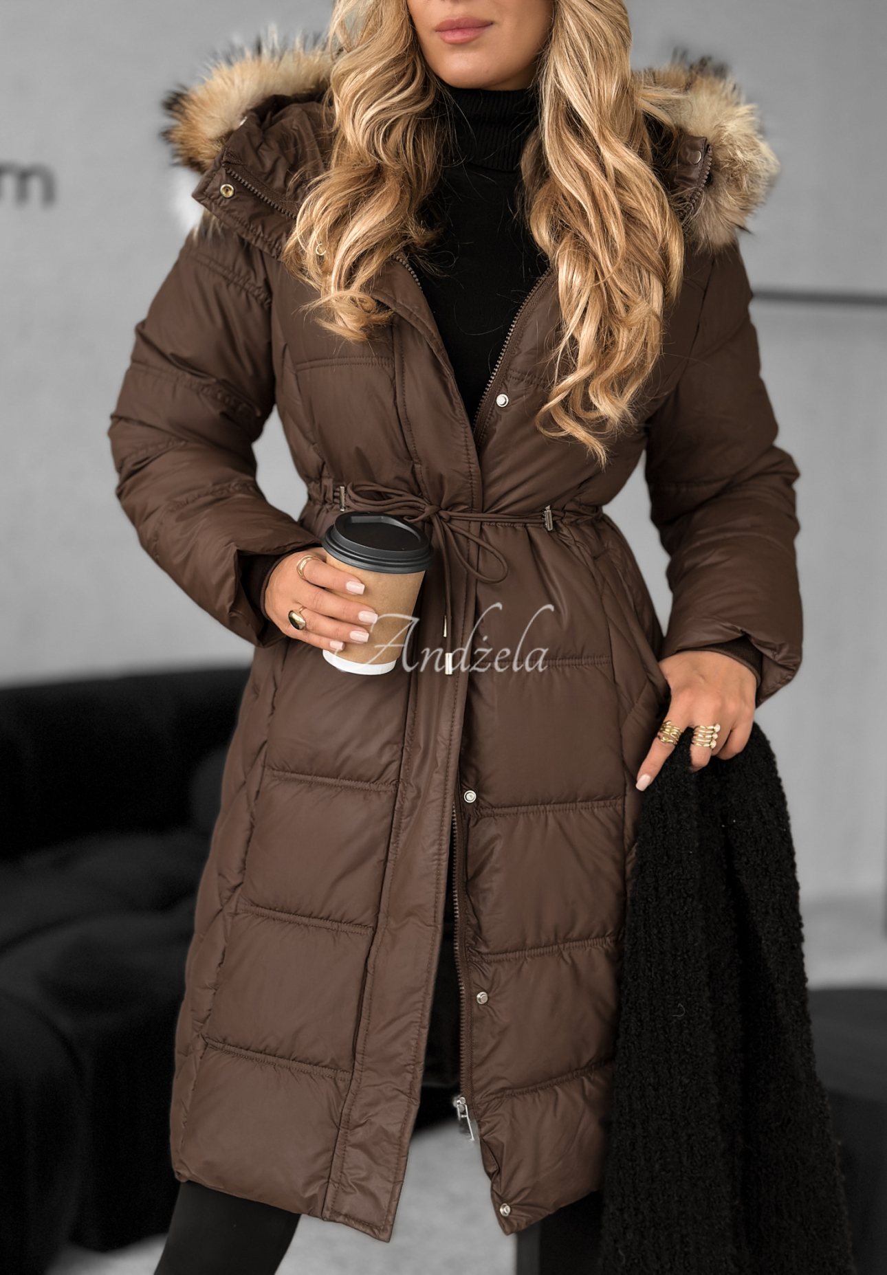 Long quilted jacket with fur Autumn Rush chocolate