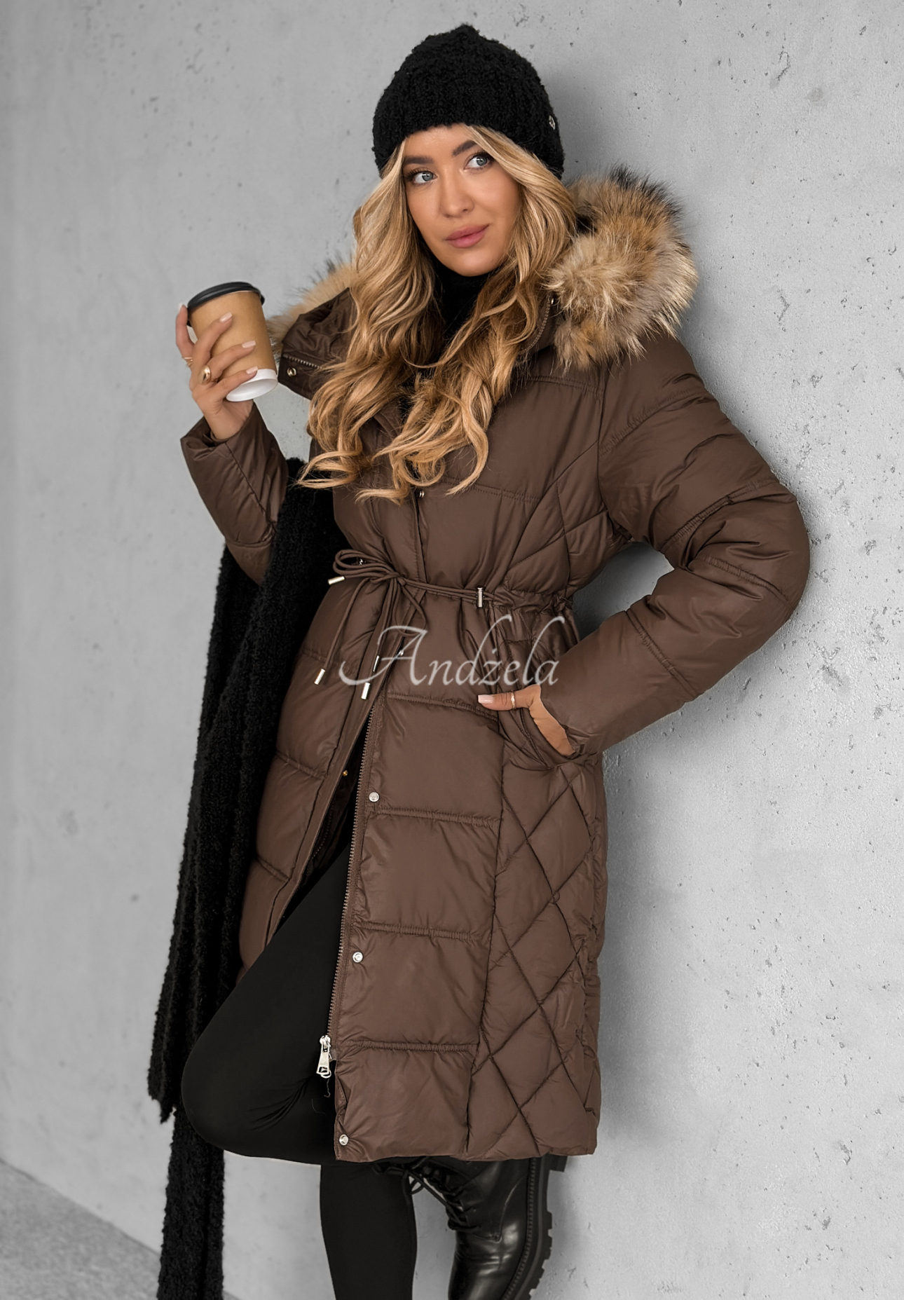 Long quilted jacket with fur Autumn Rush chocolate