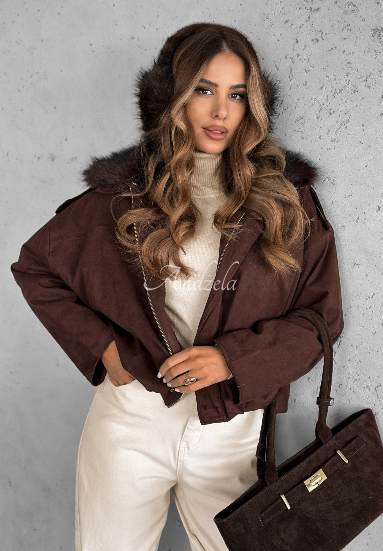 Short suede jacket with fur Snuggle In chocolate