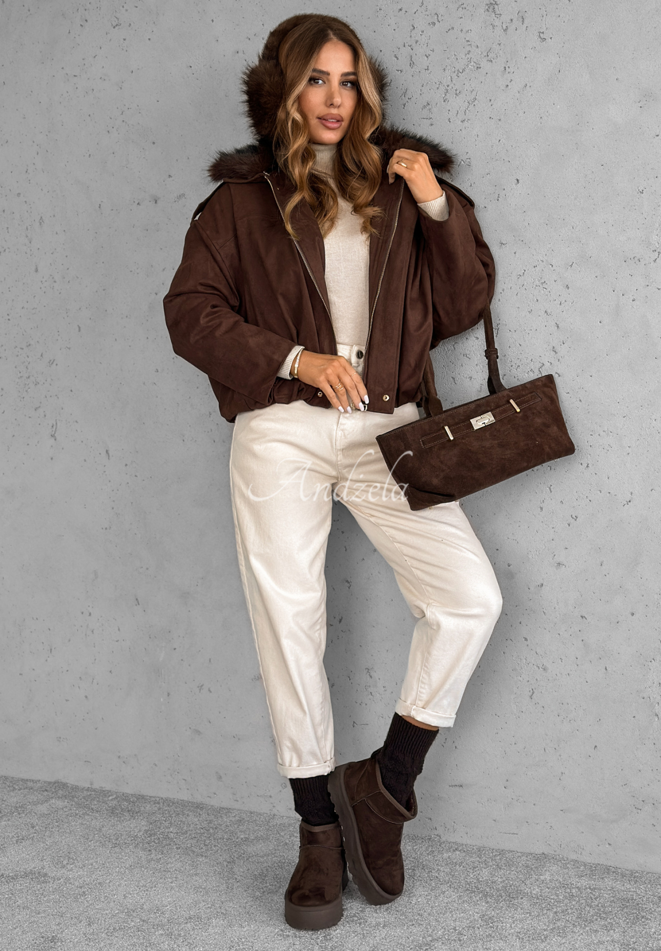 Short suede jacket with fur Snuggle In chocolate