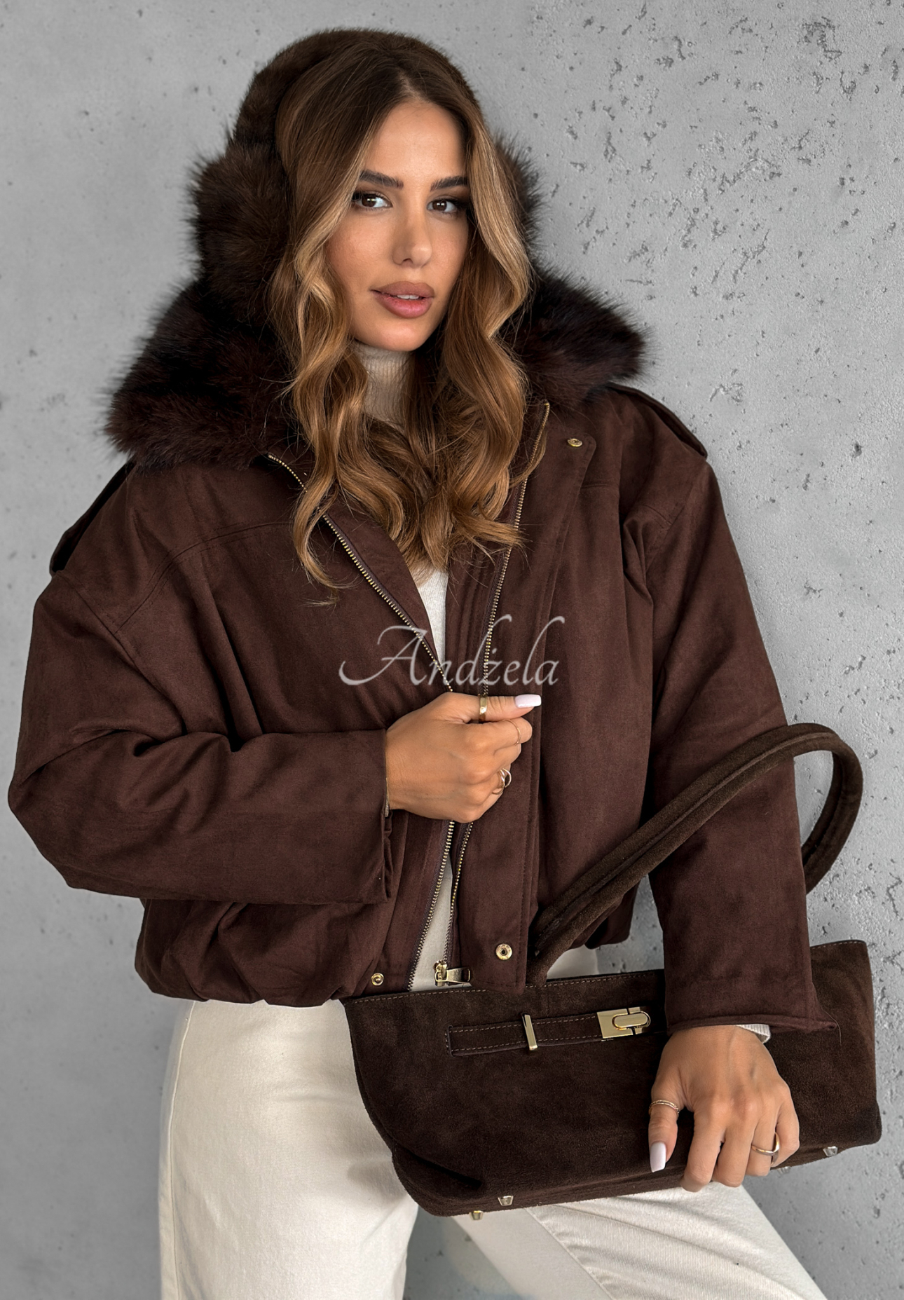 Short suede jacket with fur Snuggle In chocolate