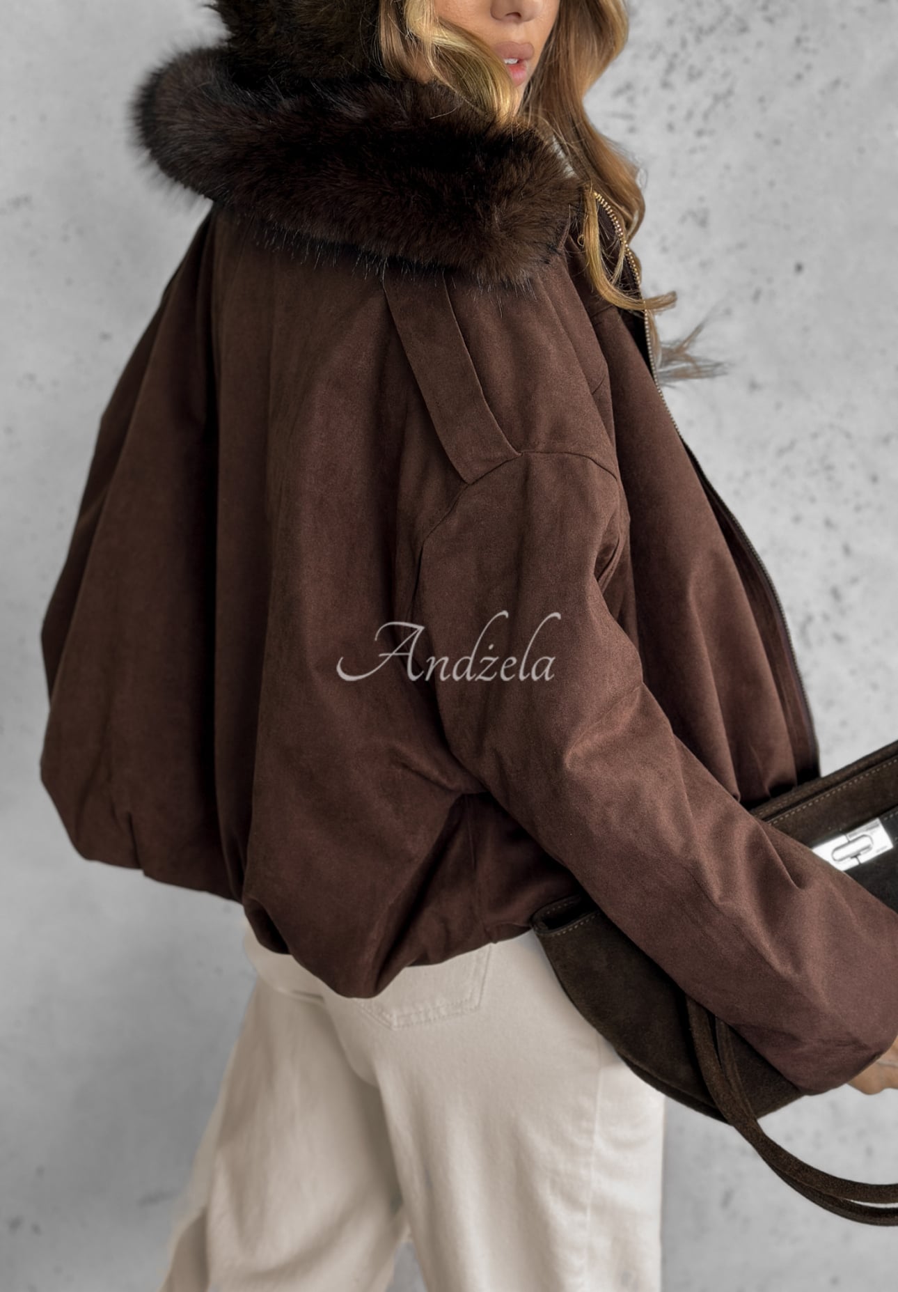 Short suede jacket with fur Snuggle In chocolate