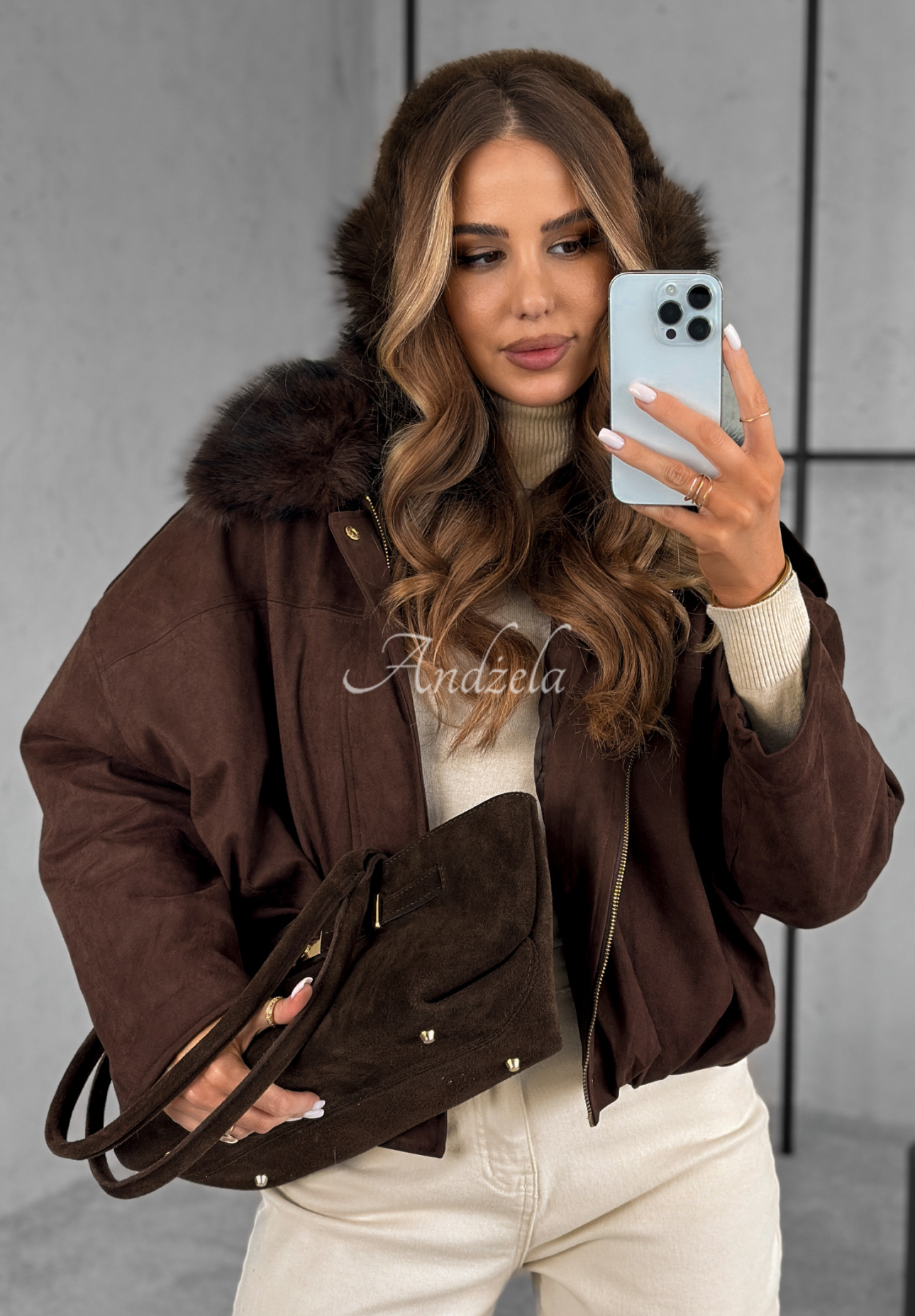 Short suede jacket with fur Snuggle In chocolate