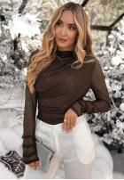 Siateczkowa bluzka z marszczeniem i dżetami Lights On Me czekoladowa