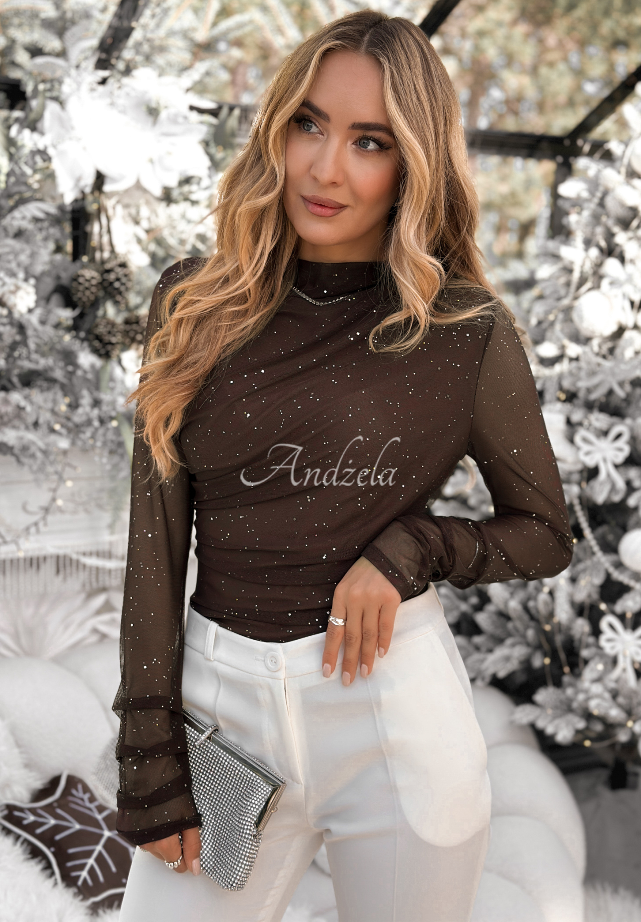 Brocade mesh blouse with creases Time Of The Year chocolate