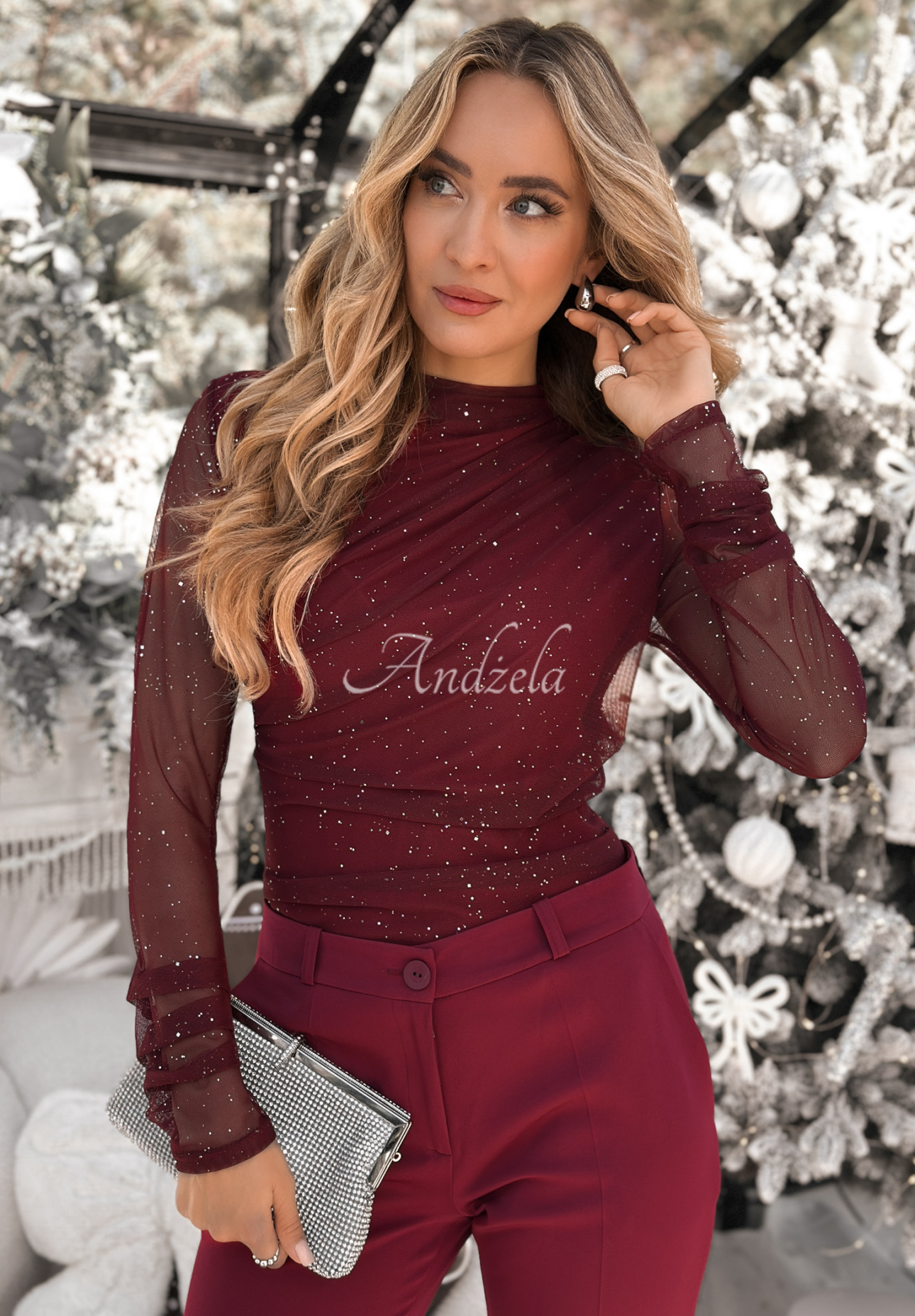 Brocade mesh blouse with creases Time Of The Year burgundy