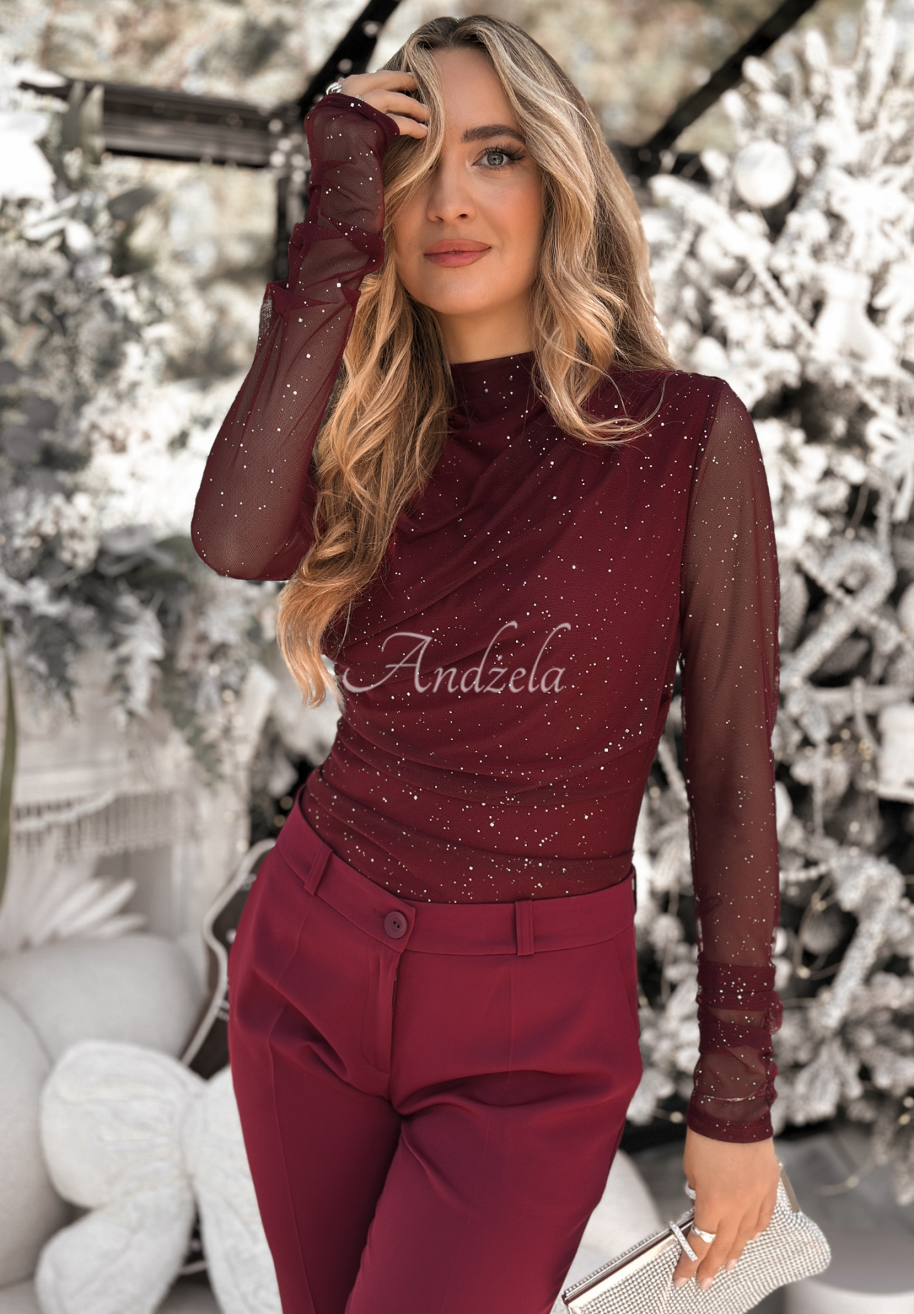 Brocade mesh blouse with creases Time Of The Year burgundy