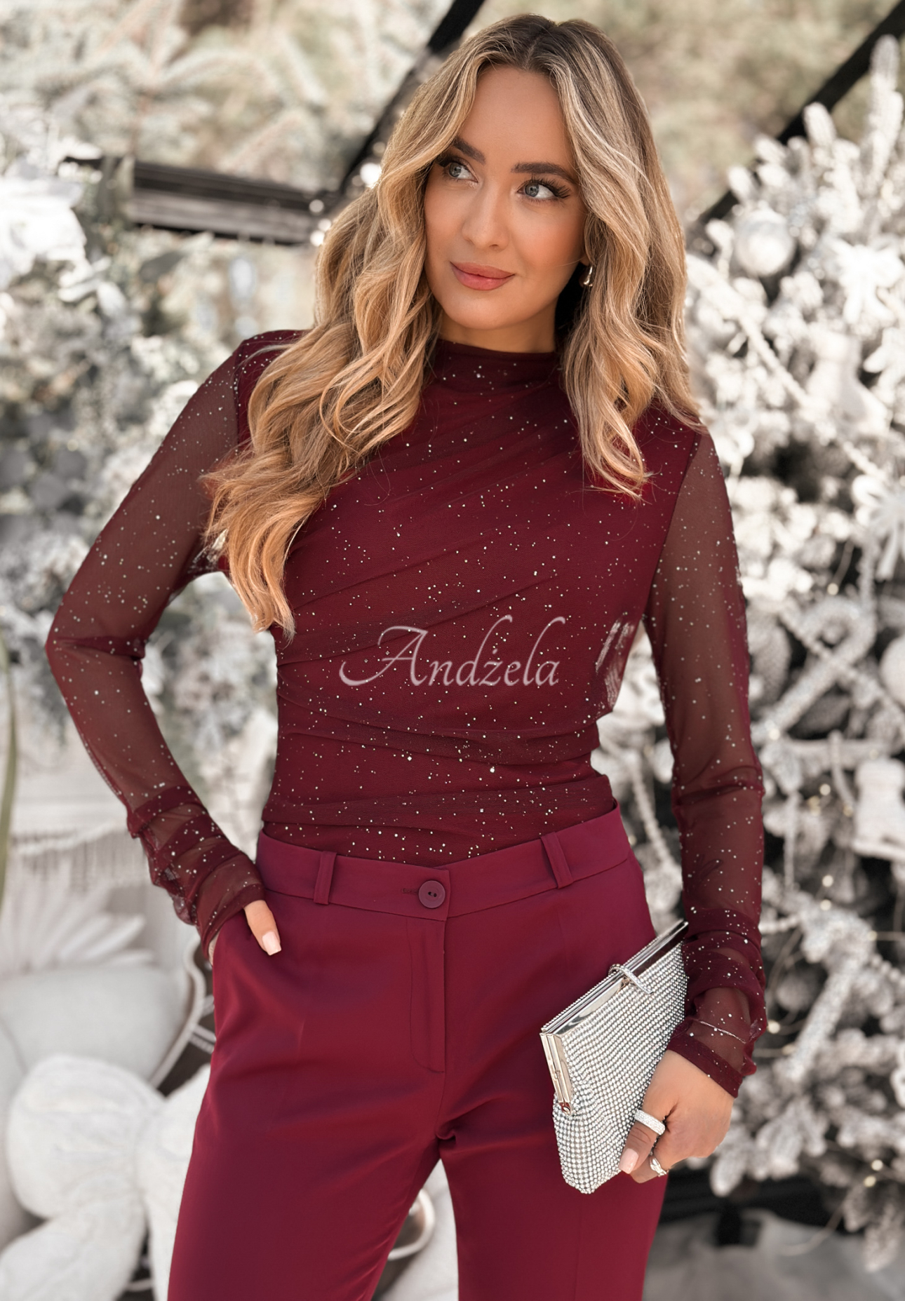 Brocade mesh blouse with creases Time Of The Year burgundy