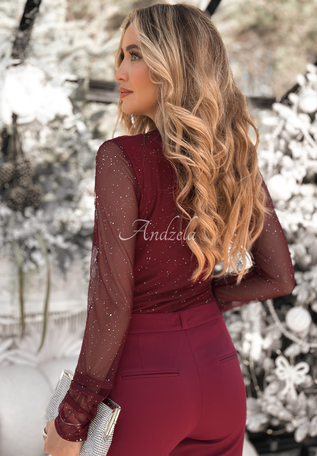 Brocade mesh blouse with creases Time Of The Year burgundy