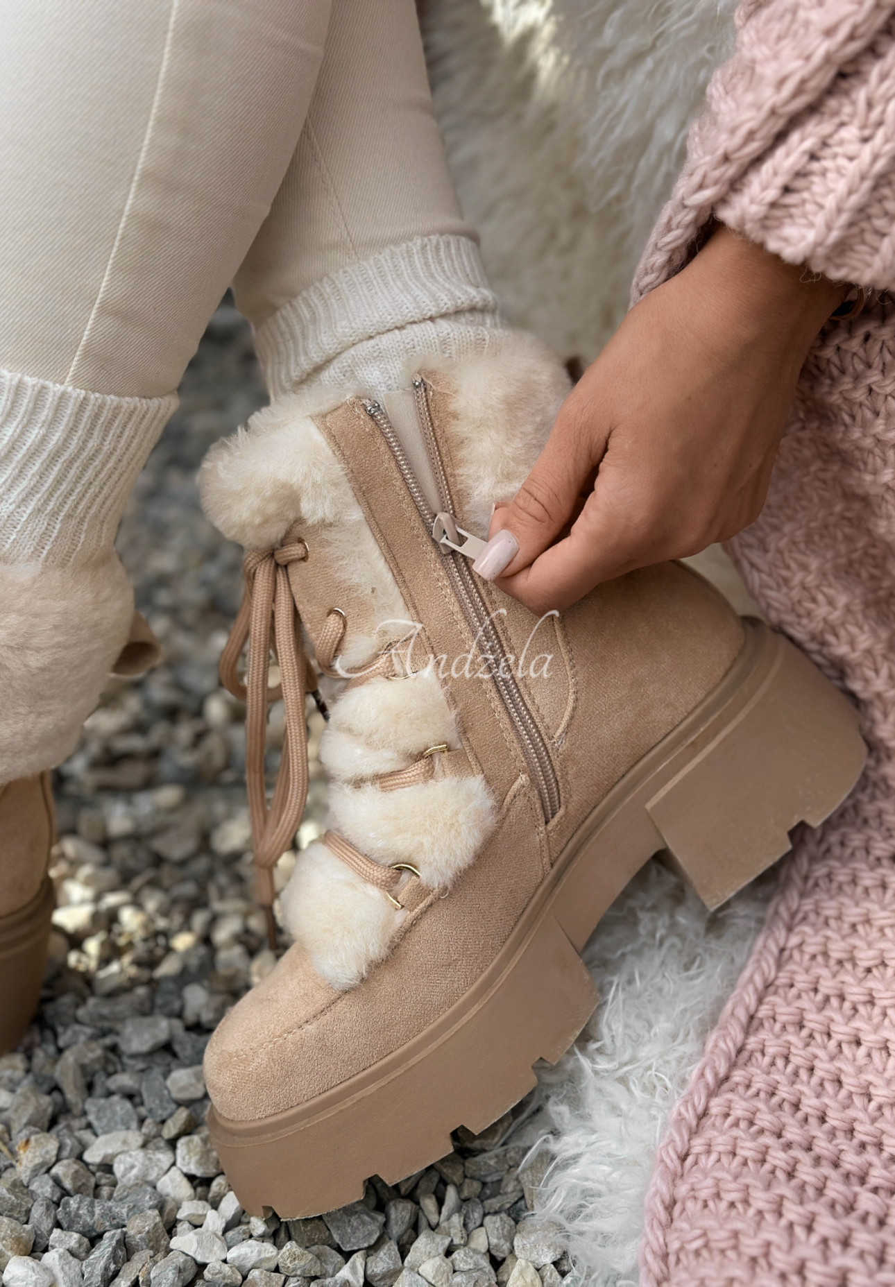 Suede snow boots with fur Fall Of Snow beige