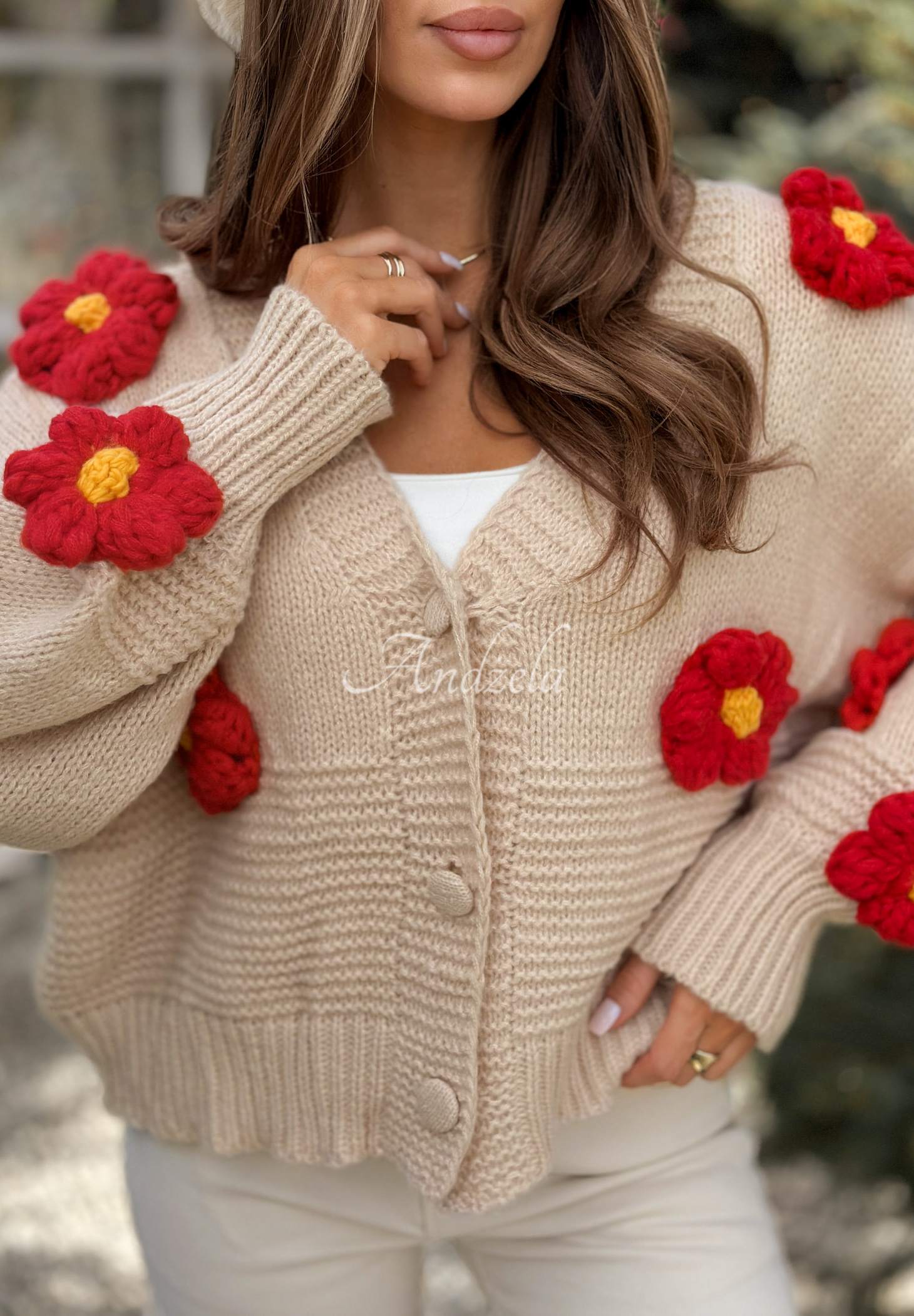 Beige Puff Floral Sweater Cardigan main image 1