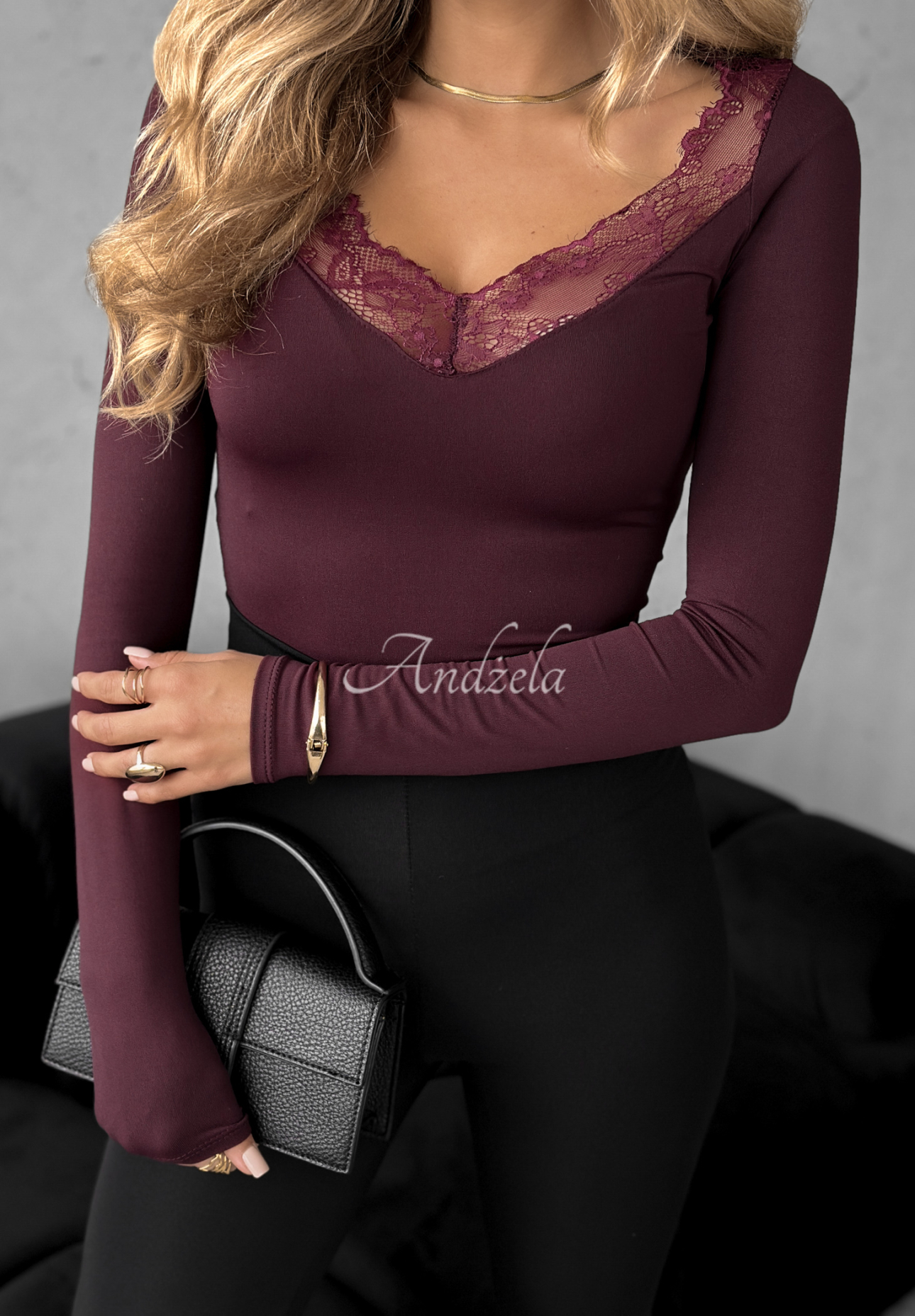 Miss In Me burgundy lace longsleeve blouse