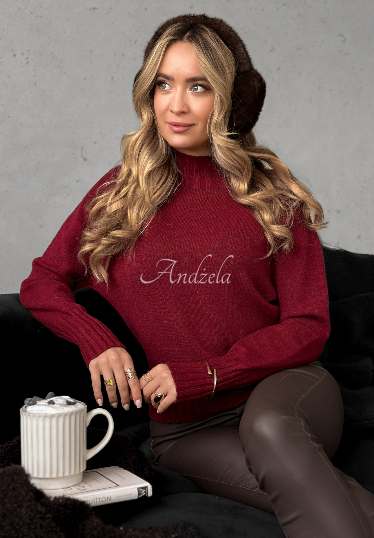 Viscose short turtleneck sweater Single Snowflake burgundy