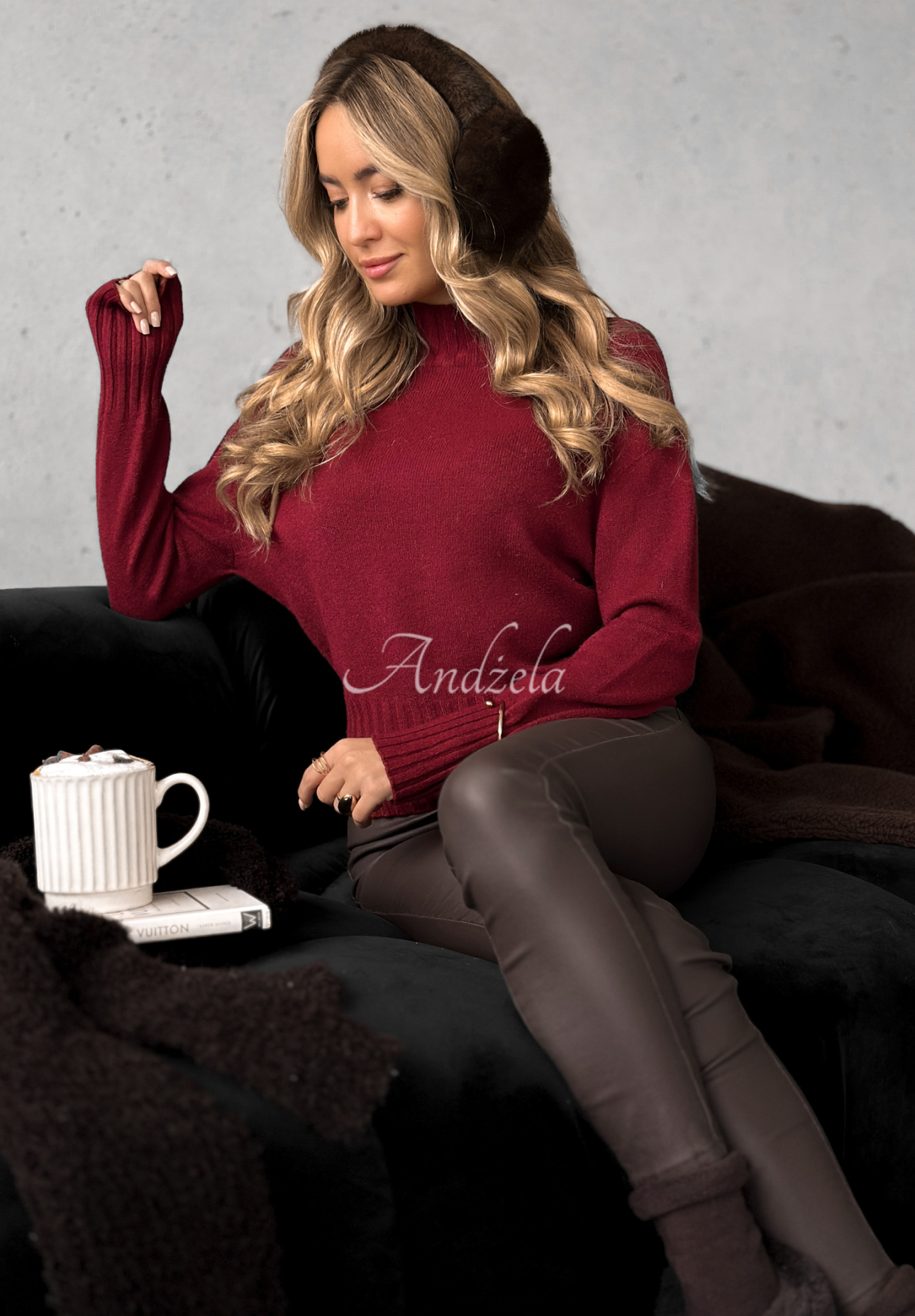 Viscose short turtleneck sweater Single Snowflake burgundy
