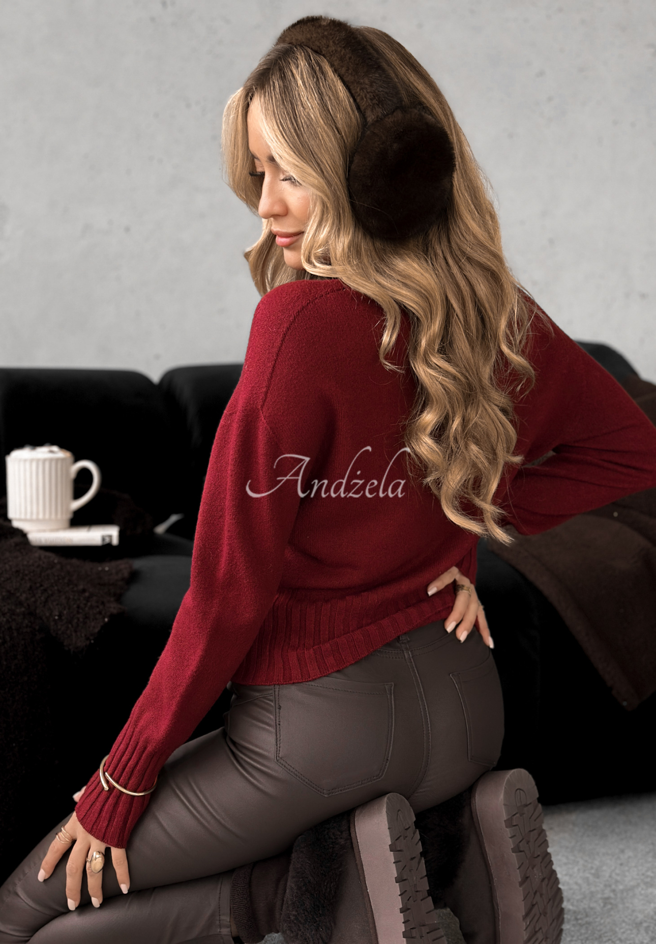 Viscose short turtleneck sweater Single Snowflake burgundy