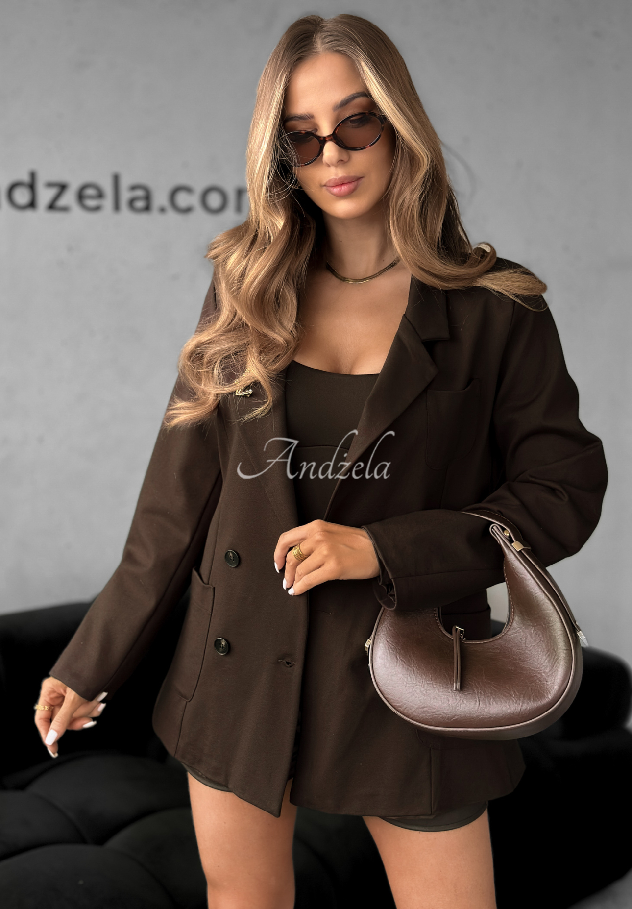 Viscose double-breasted blazer with Your Move buttons chocolate