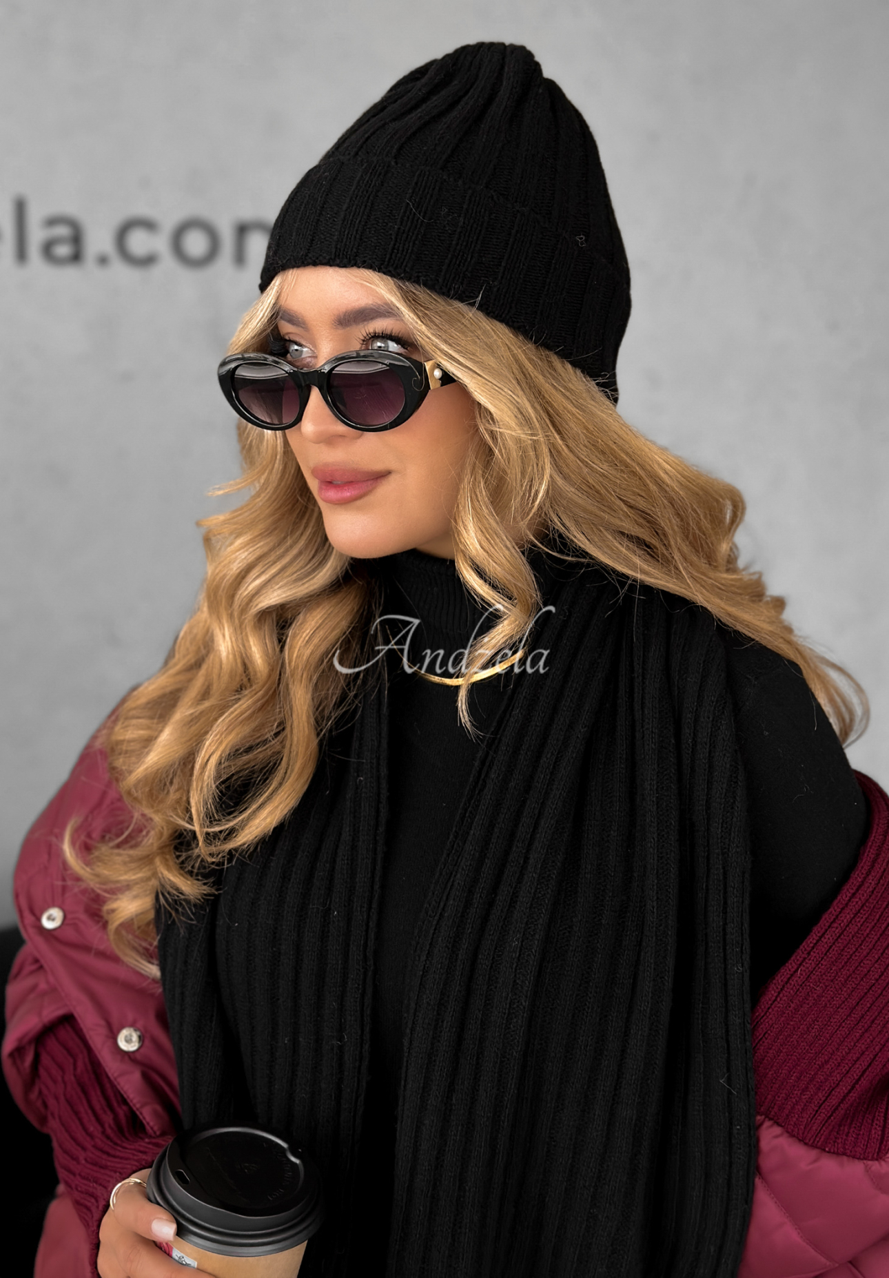 Ribbed cap and scarf set with wool and cashmere Snow Dates black