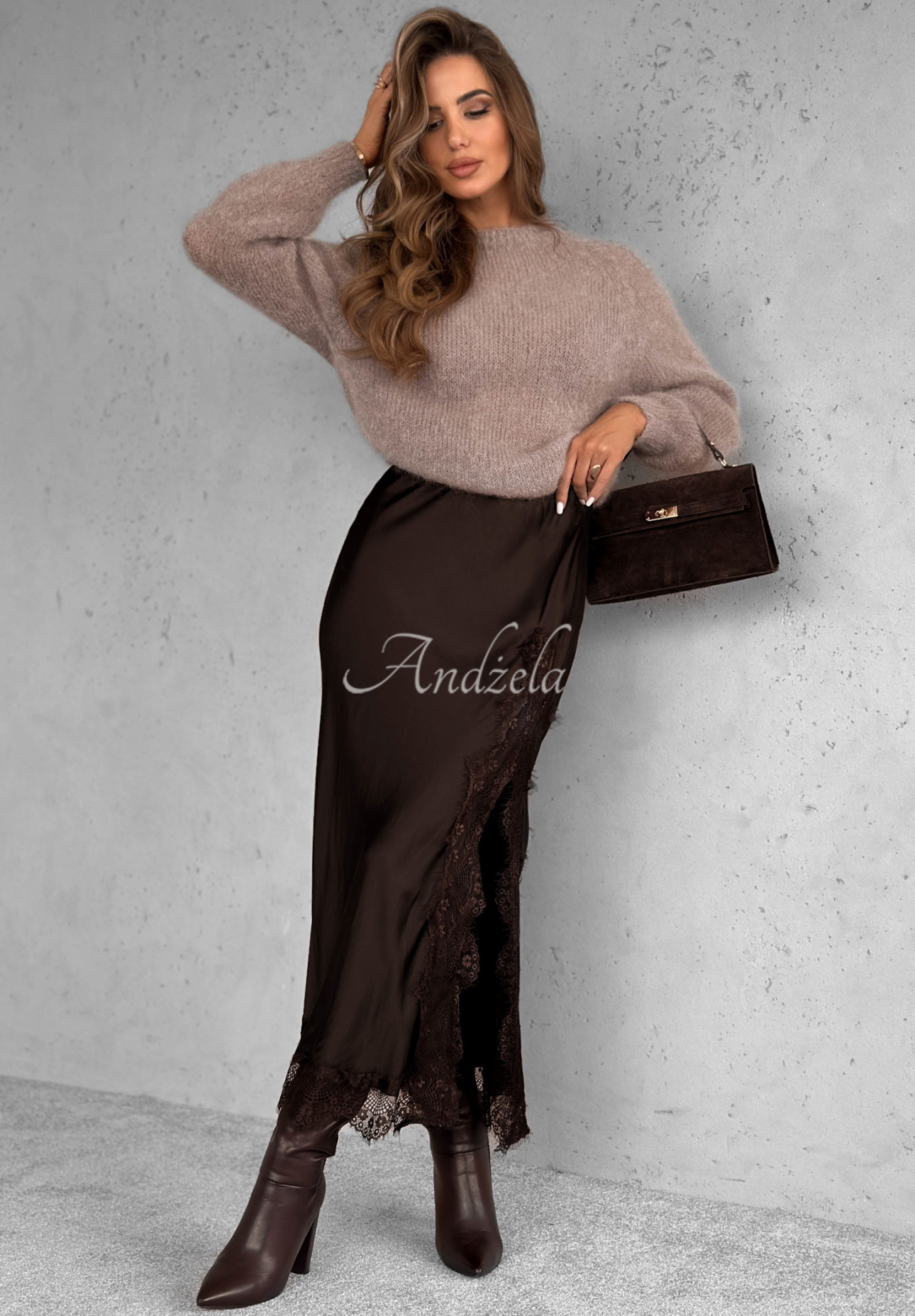 Viscose satin midi skirt with lace Hot Topic chocolate