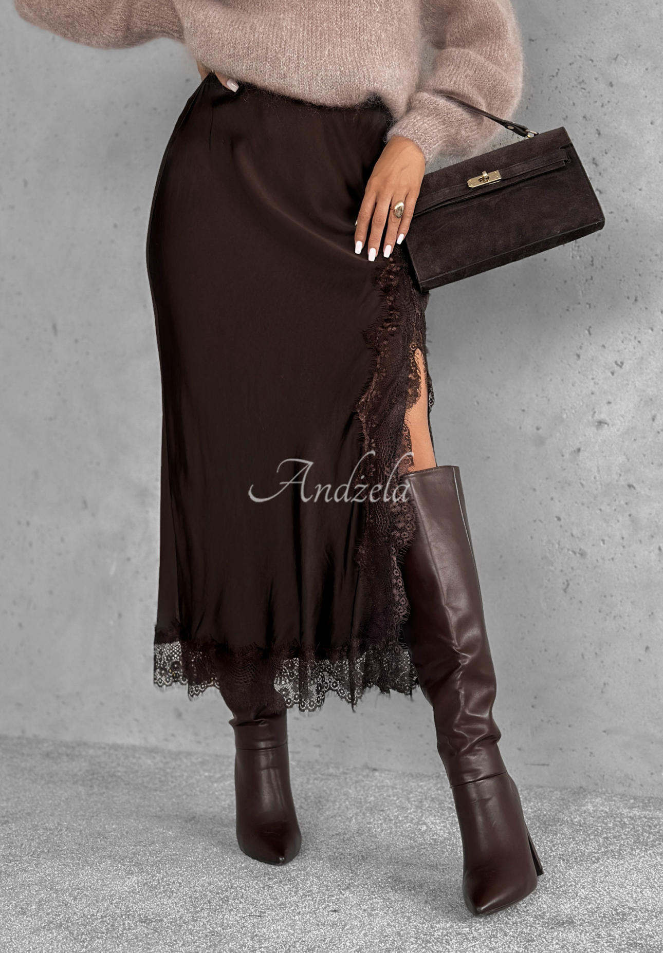 Wiskozowa satynowa spódnica midi z koronką Hot Topic czekoladowa