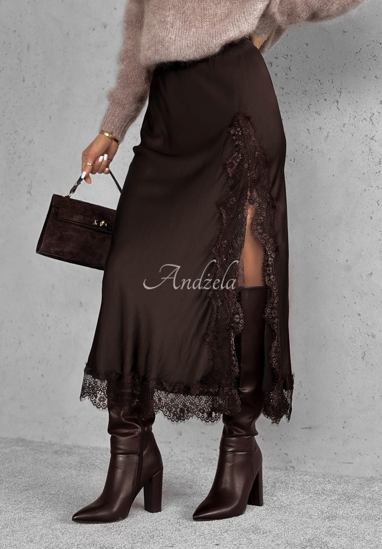 Viscose satin midi skirt with lace Hot Topic chocolate