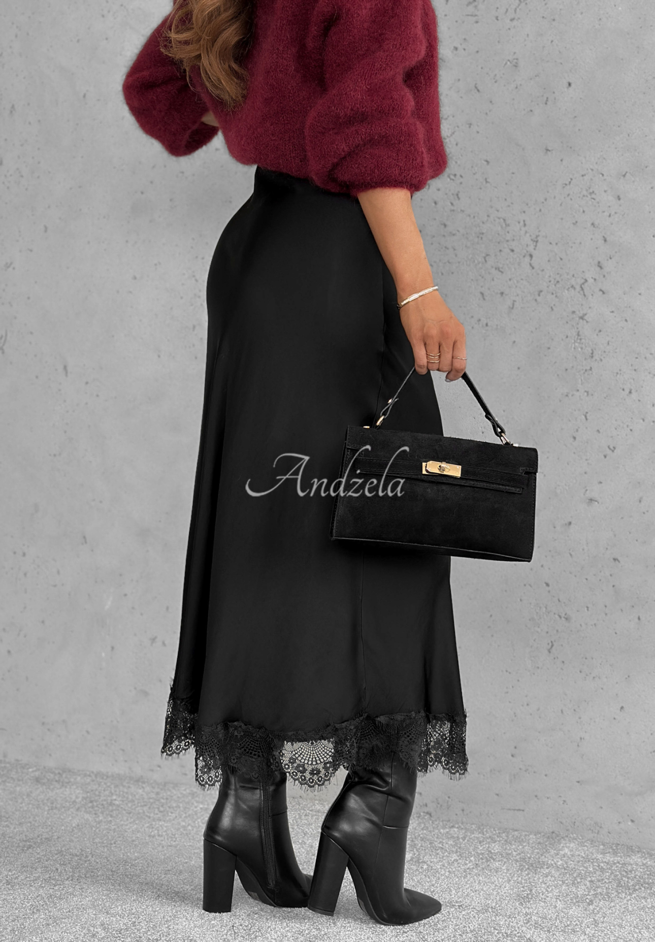 Viscose satin midi skirt with lace Hot Topic black