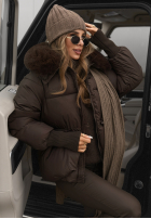 Pikowana kurtka z kapturem i futerkiem Little Snowman czekoladowa