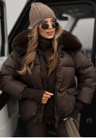 Pikowana kurtka z kapturem i futerkiem Little Snowman czekoladowa