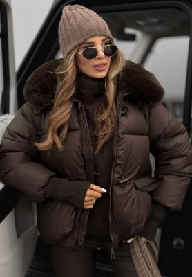 Quilted jacket with hood and fur Little Snowman chocolate