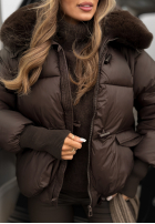 Pikowana kurtka z kapturem i futerkiem Little Snowman czekoladowa