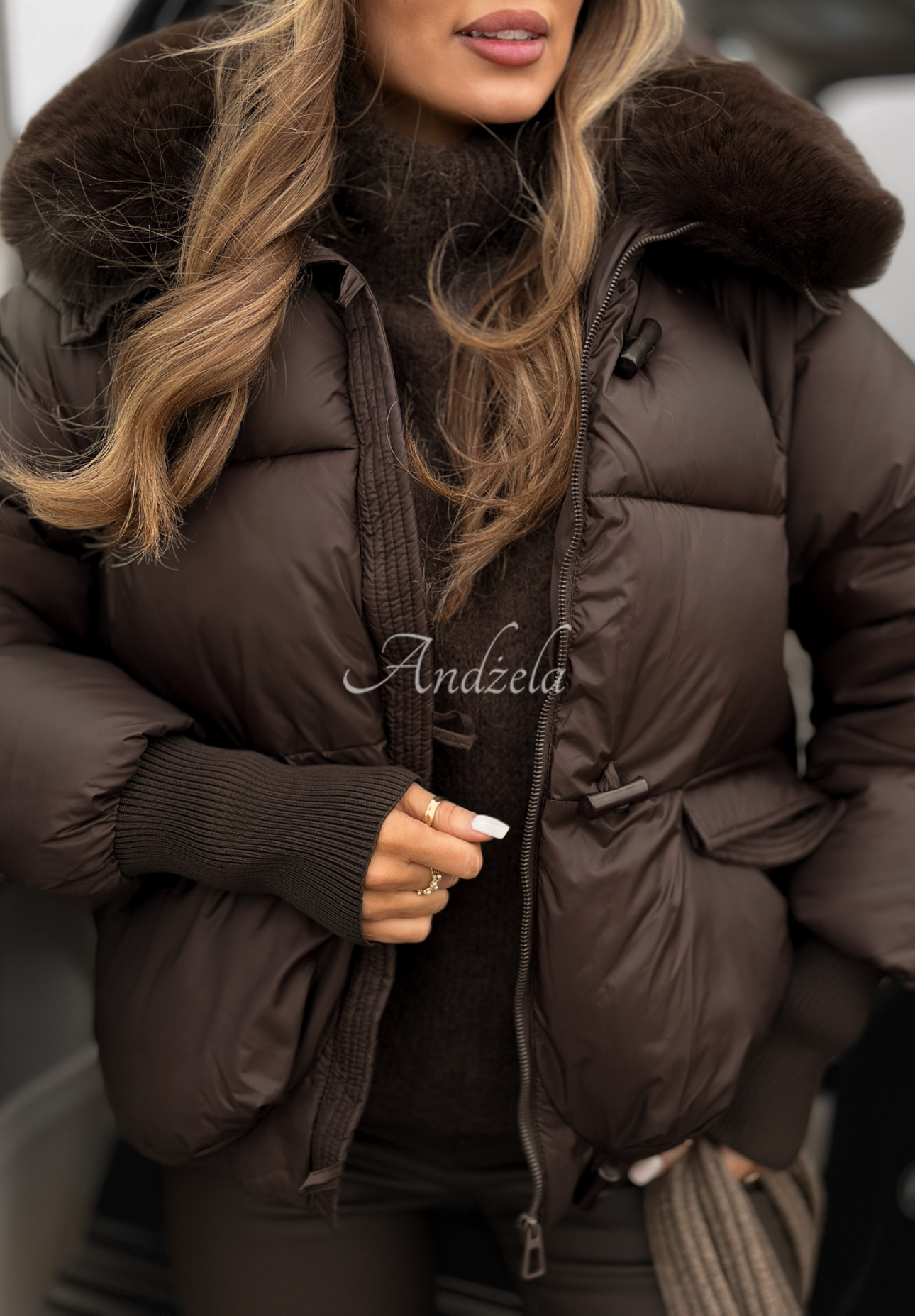 Quilted jacket with hood and fur Little Snowman chocolate