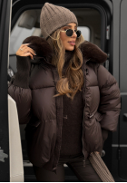 Pikowana kurtka z kapturem i futerkiem Little Snowman czekoladowa