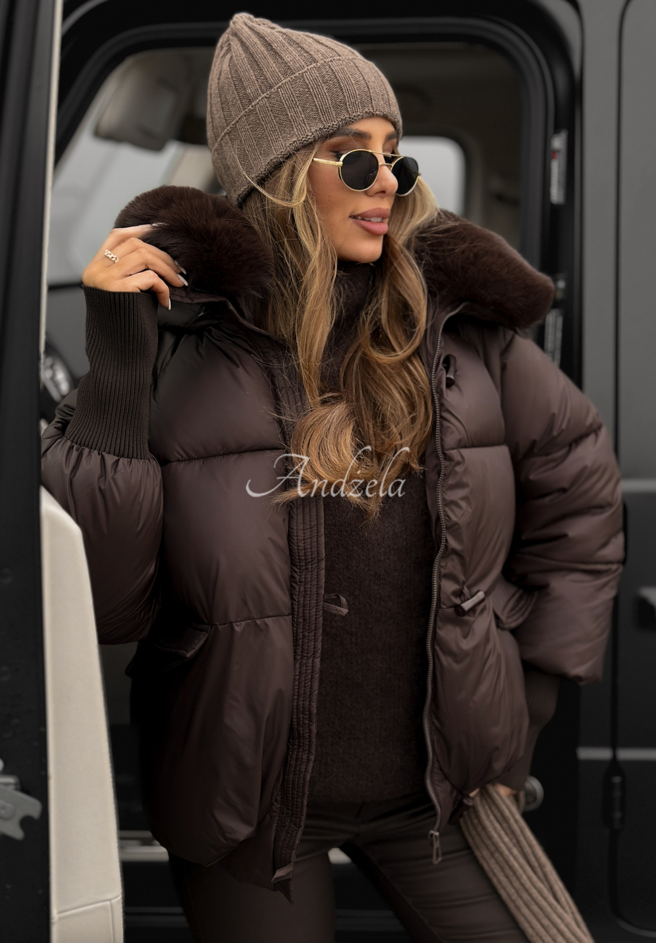 Quilted jacket with hood and fur Little Snowman chocolate