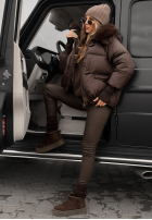 Pikowana kurtka z kapturem i futerkiem Little Snowman czekoladowa