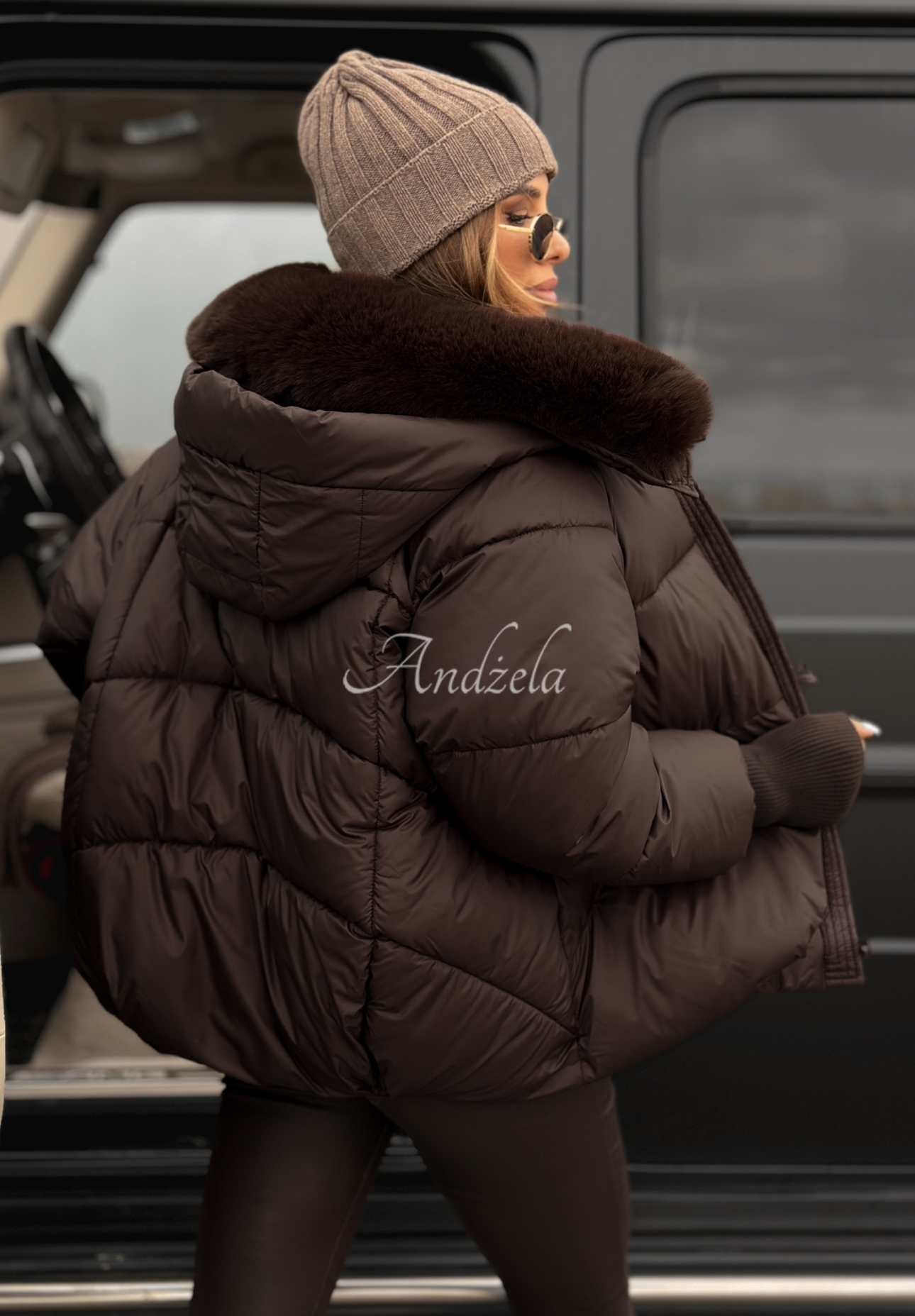 Quilted jacket with hood and fur Little Snowman chocolate