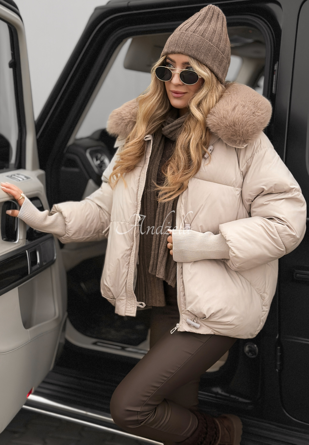 Quilted jacket with hood and fur Little Snowman beige