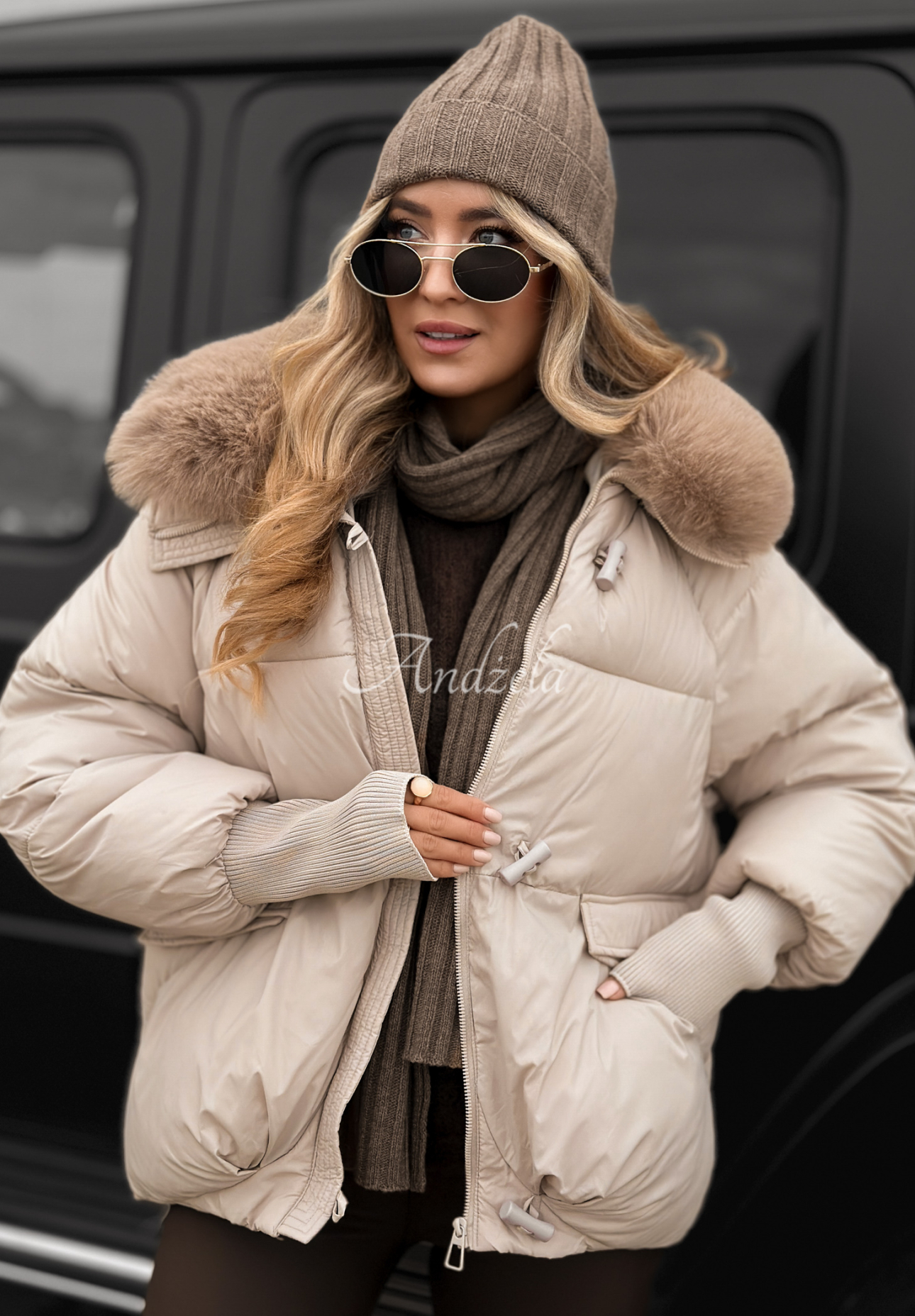 Quilted jacket with hood and fur Little Snowman beige